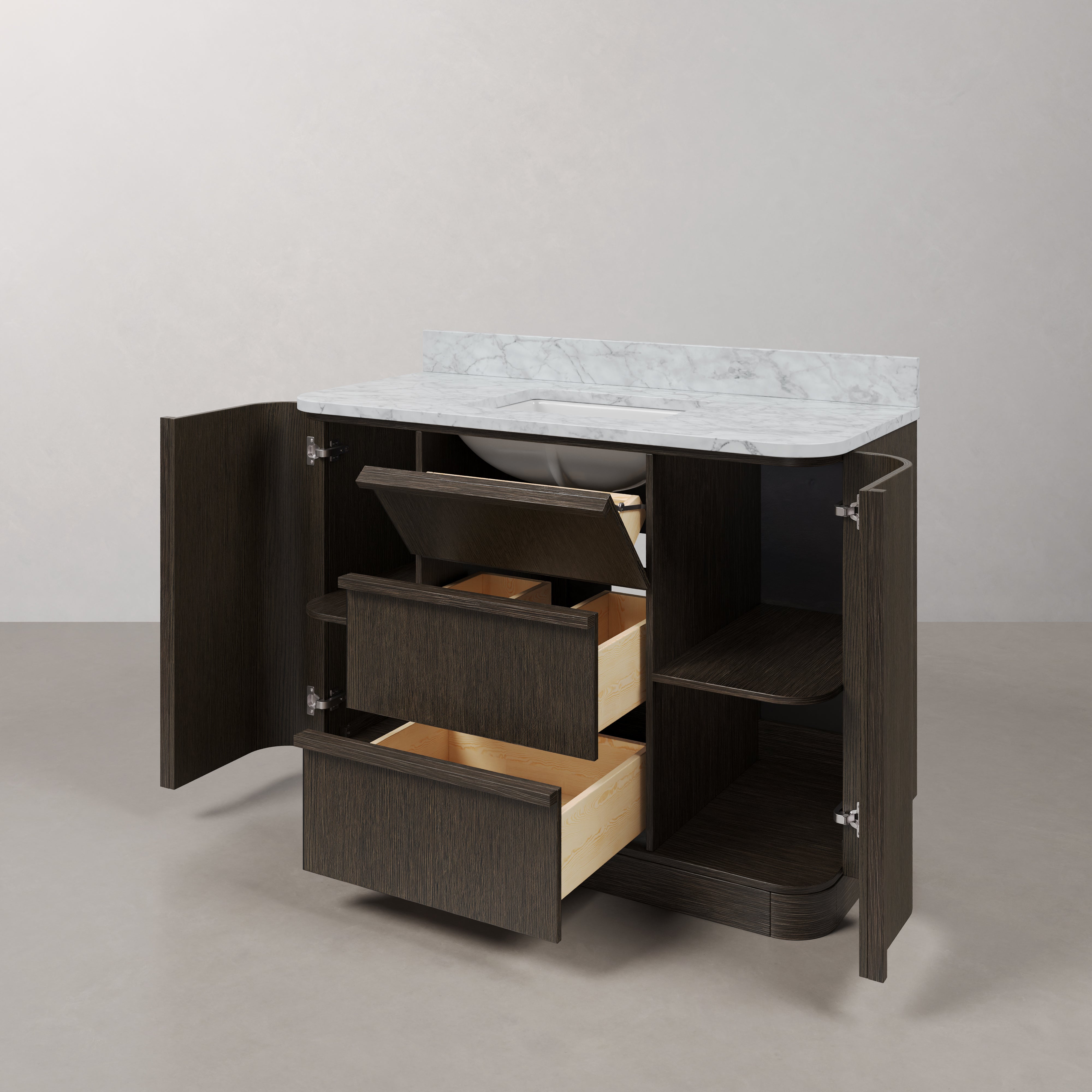 Kingston Luxe OX48CW00CO - 48 in. x 22 in. Bathroom Vanity Single Sink Freestanding with Carrara White Marble Top, Charcoal Oak