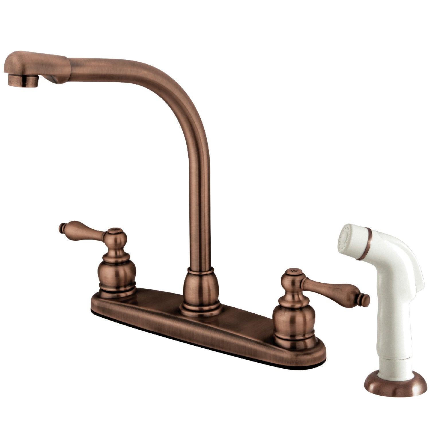 Kingston Tulare KB716AL - Victorian à deux poignées 4 trous 8" Centerset Robinet de cuisine avec pulvérisateur latéral, cuivre antique