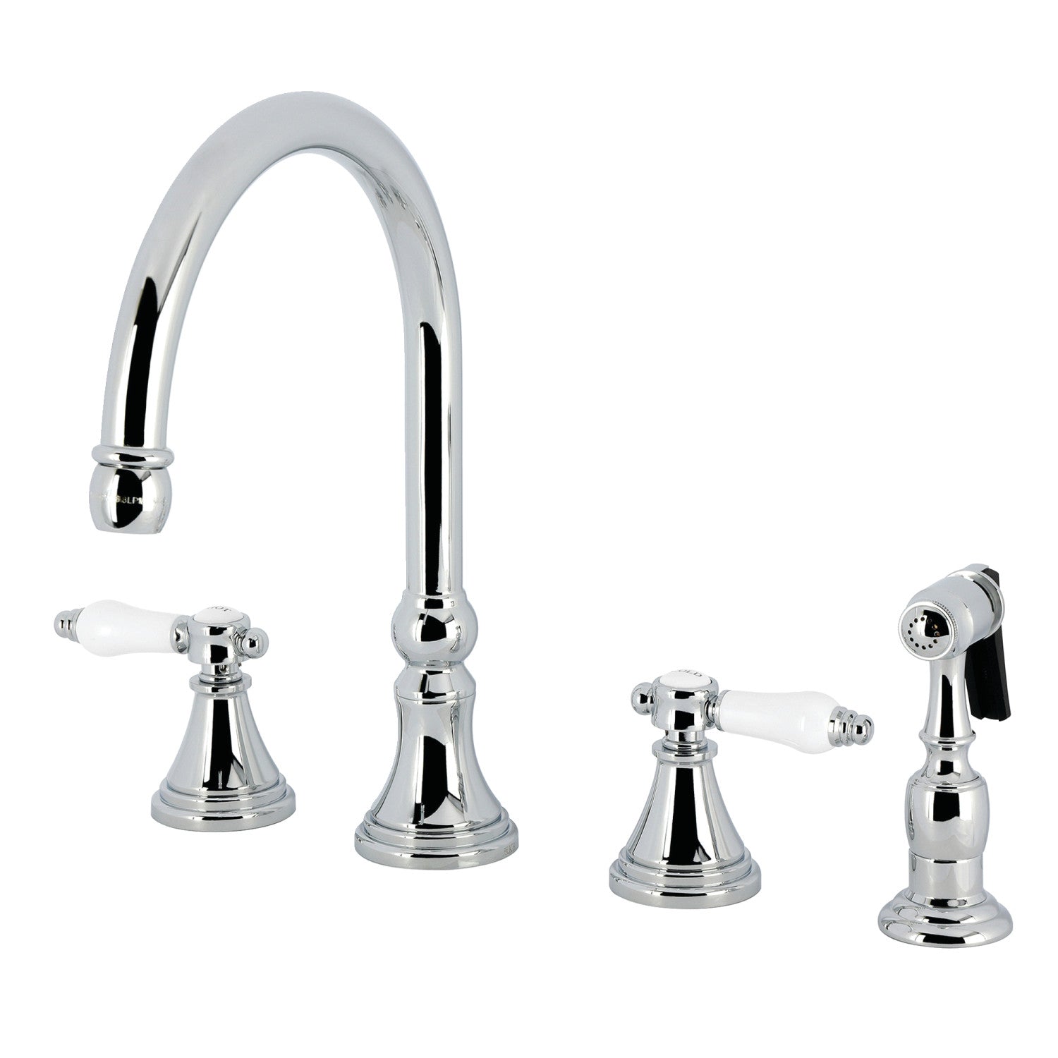 Kingston Tulare KS2791BPLBS - Robinet de cuisine à double poignée Bel-Air 4 trous avec pulvérisateur en laiton, chrome poli
