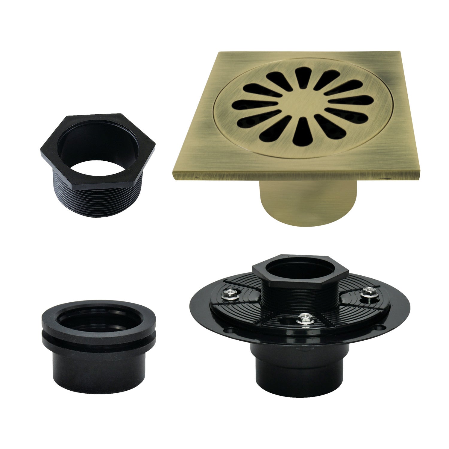 Kingston Watercourse BSFK4161AB 4-Inch Brass Square Grid Shower Drain with Hair Strainer and Base Flange, Antique Brass