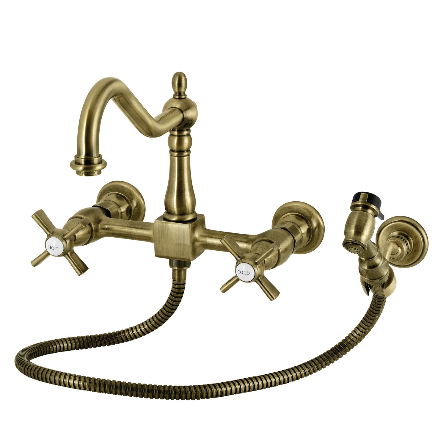 Kingston Heirloom KS1243ZXBS - Robinet de cuisine à double poignée Millennium 3 trous Wall Mount Bridge avec pulvérisateur en laiton, laiton antique