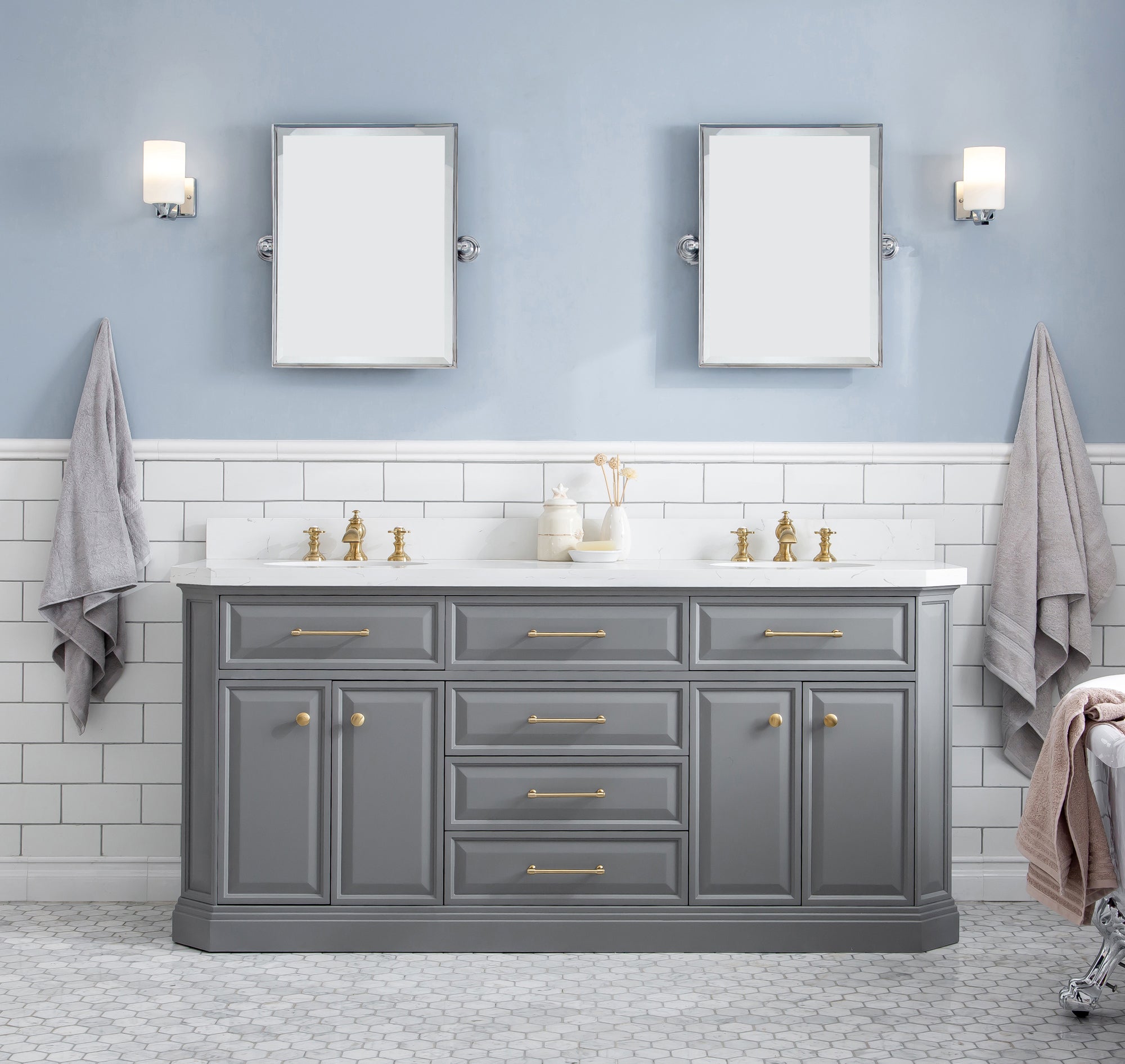 Kingston Luxe PA72QZ06CG - 72 in. x 22 in. Bathroom Vanity Quartz Top and White Basin, Cashmere Grey