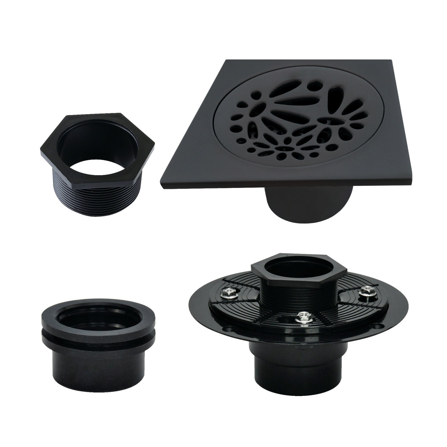 Kingston Watercourse BSFK6360MB 4-Inch Brass Square Grid Shower Drain with Hair Strainer and Base Flange, Matte Black