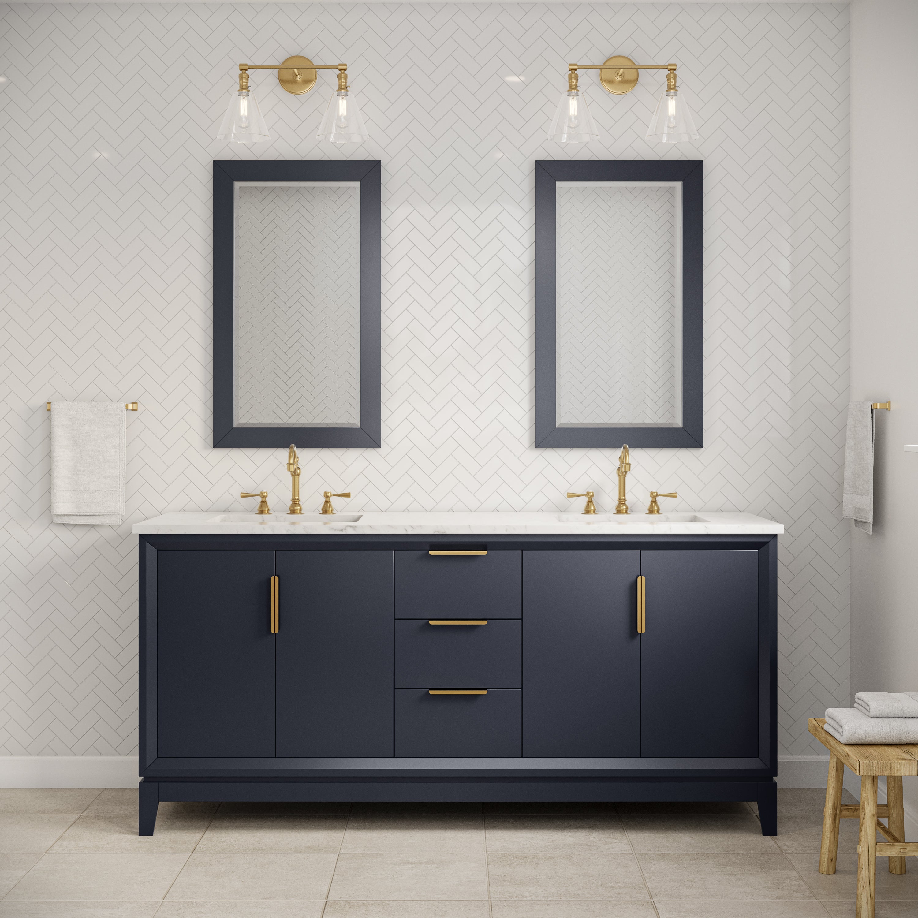 Kingston Luxe EL72CW06MB - 72 in. x 22 in. Bathroom Vanity Carrara White Marble Top and White Ceramic Basins, Monarch Blue
