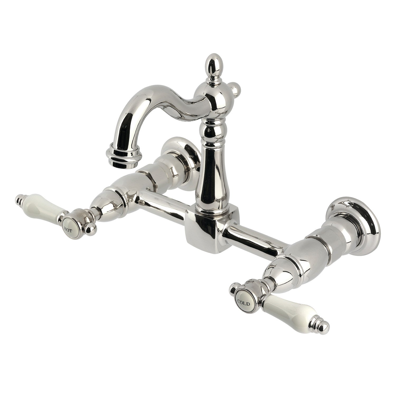 Kingston Heirloom KS2446BPL - Robinet de cuisine Bel-Air à deux poignées 2 trous Wall Mount Bridge, nickel poli