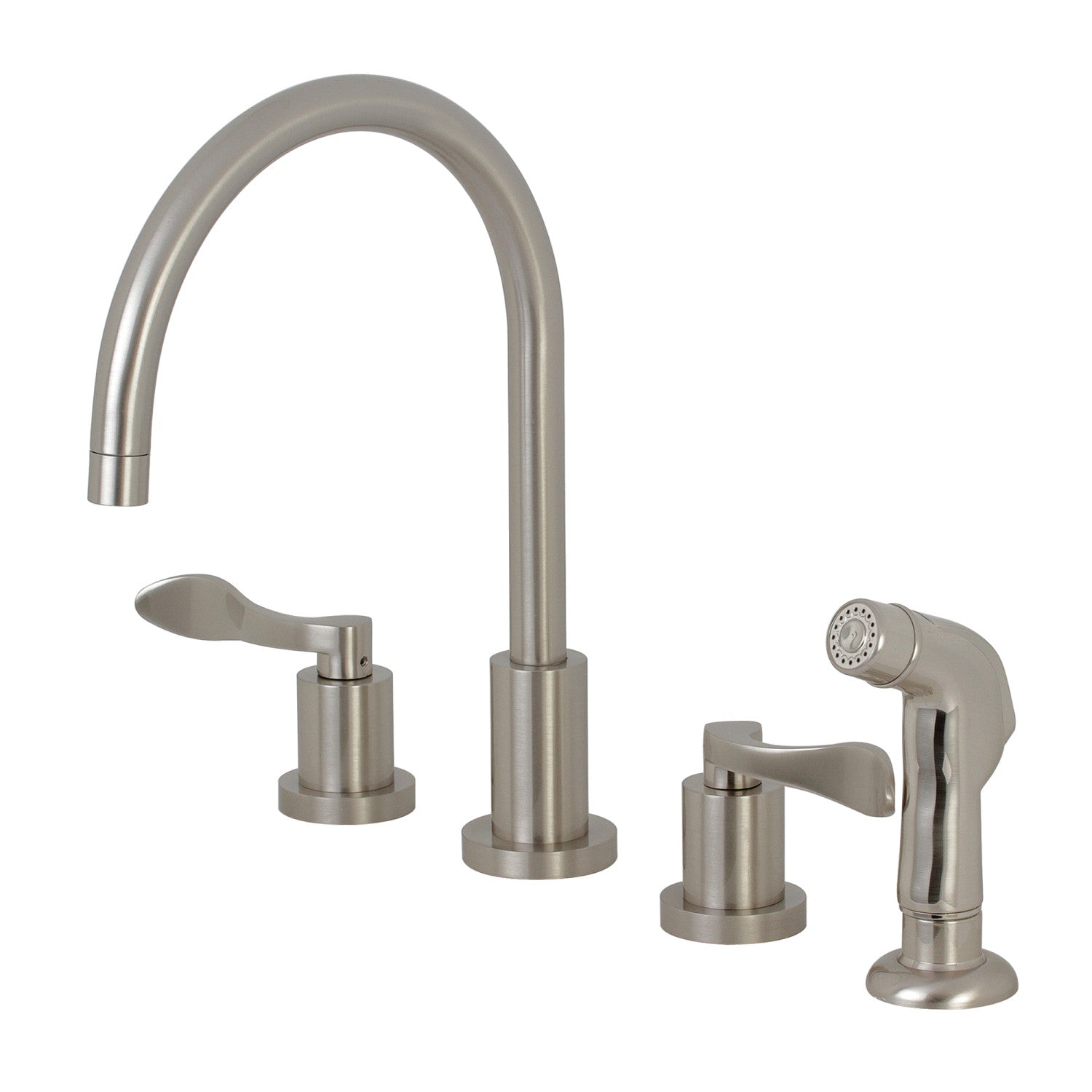 Kingston Sona KS8728DFL Robinet de cuisine à double poignée 4 trous avec pulvérisateur en plastique, nickel brossé