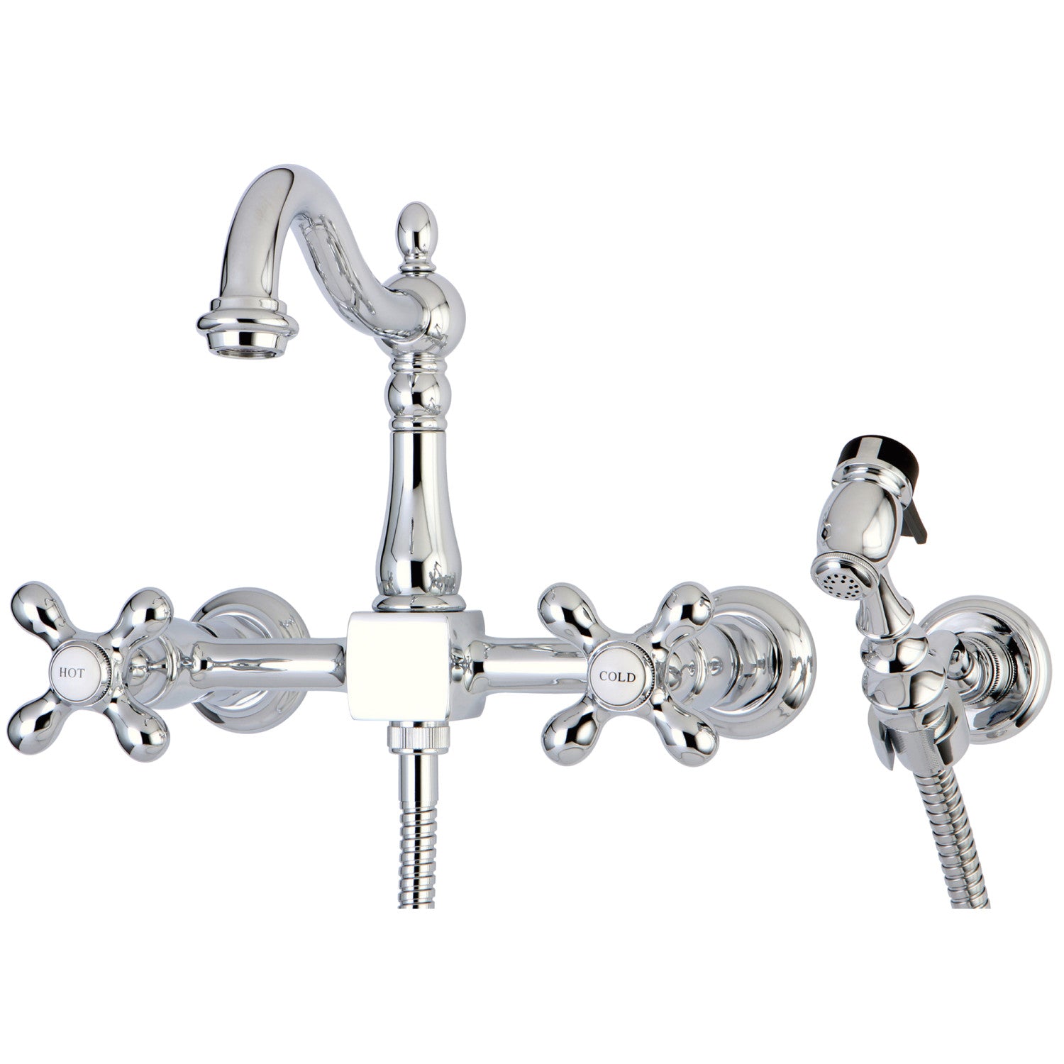 Kingston Heirloom KS1261AXBS - Robinet de cuisine à deux poignées Heritage 3 trous avec pulvérisateur en laiton, chrome poli