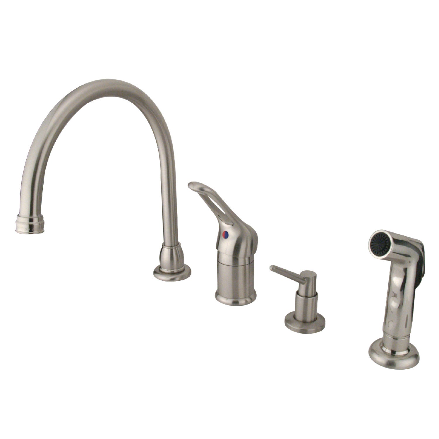 Kingston Tulare KB818K8 - Wyndham Robinet de cuisine à une poignée 4 trous avec pulvérisateur latéral et distributeur de savon, nickel brossé