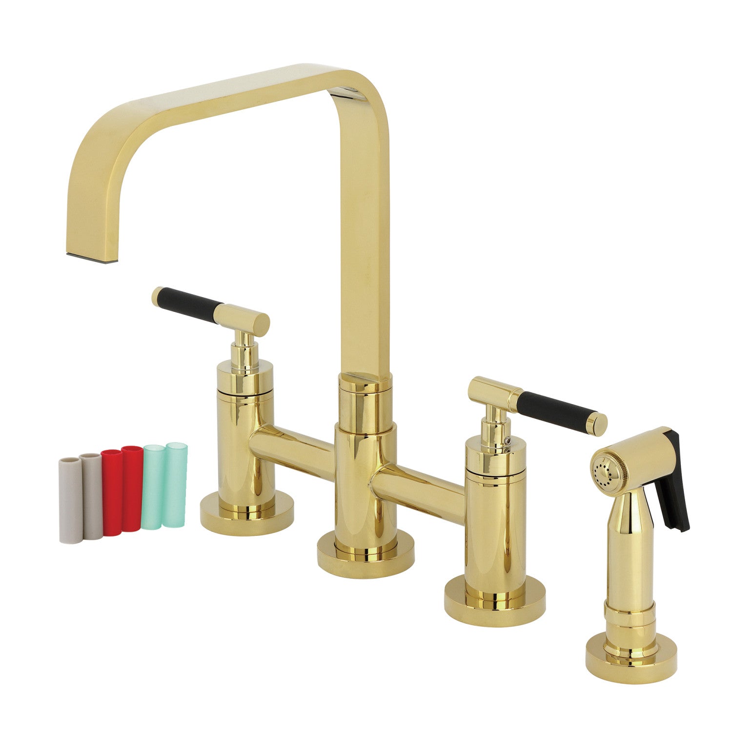 Kingston Sona KS8252CKLBS - Robinet de cuisine à deux poignées Kaiser 4 trous Mount Bridge avec pulvérisateur en laiton, laiton poli