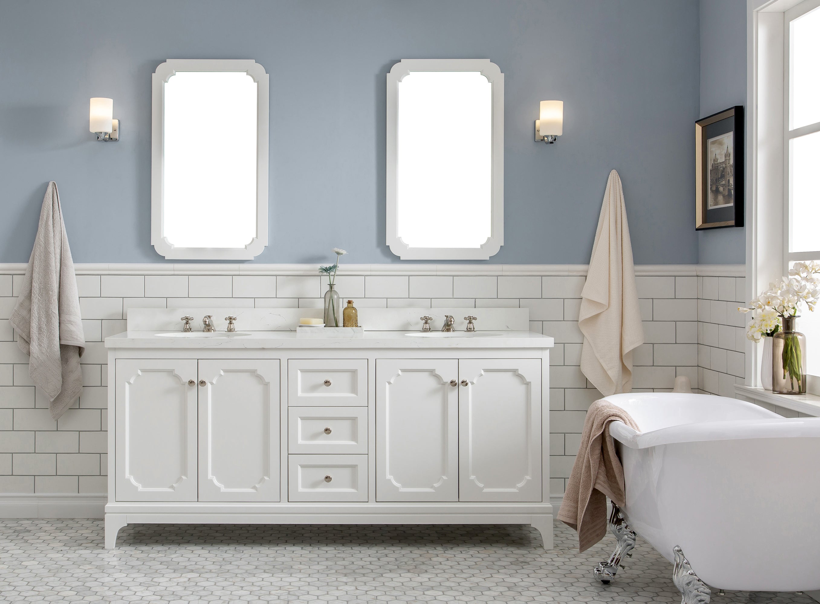 Kingston Luxe QU72QZ05PW - 72 in. x 22 in. Bathroom Vanity Quartz Carrara Top and White Ceramic Basins, Pure White