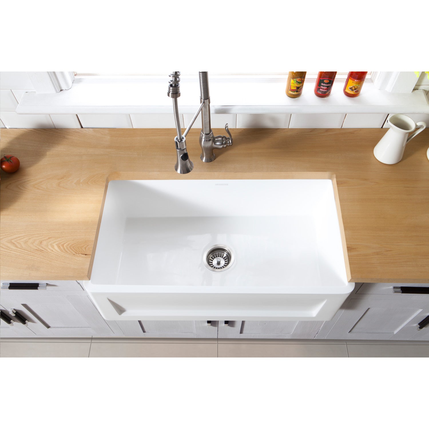 Kingston Arcticstone GKFA331810SQ 33-Inch Solid Surface White Stone Apron-Front Single Bowl Farmhouse Kitchen Sink with Strainer, Matte White