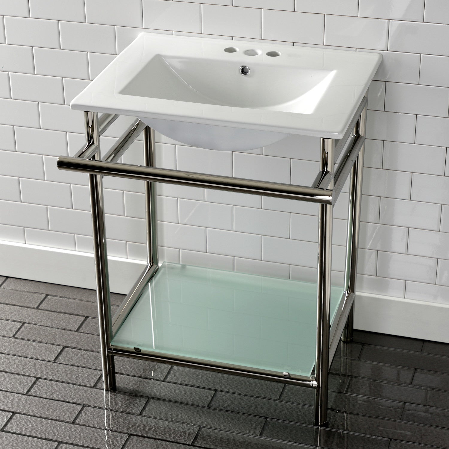 Kingston Sona VPB24187W46 - Sheridan 24-Inch Ceramic Console Sink with Stainless Steel Legs and Glass Shelf (4-Inch, 3-Hole), White/Polished Nickel