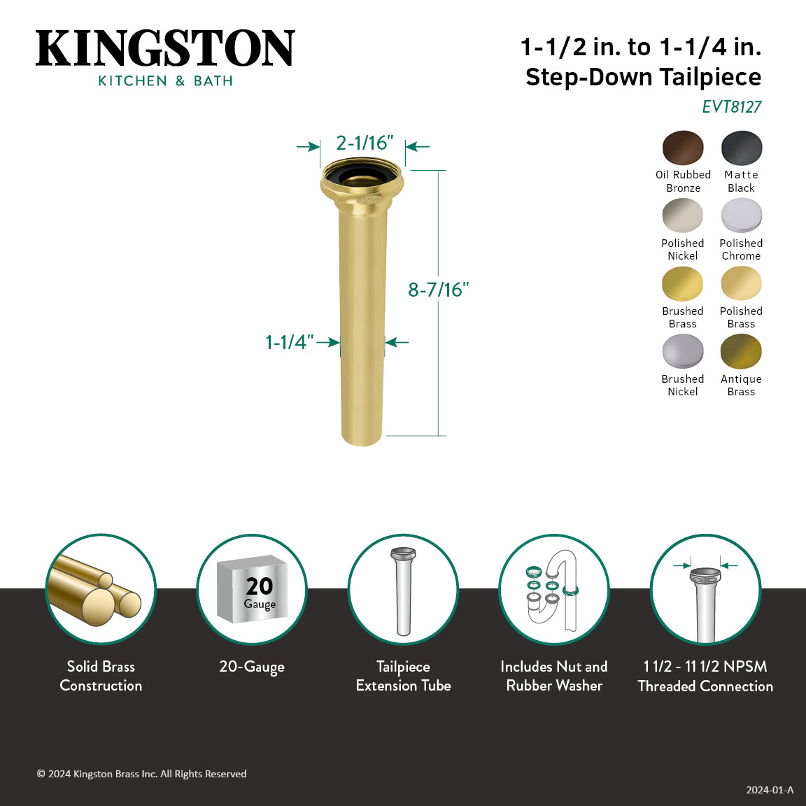 Kingston Possibility EVT8121 1-1/2" to 1-1/4" Step-Down Tailpiece, 8" Length, Polished Chrome