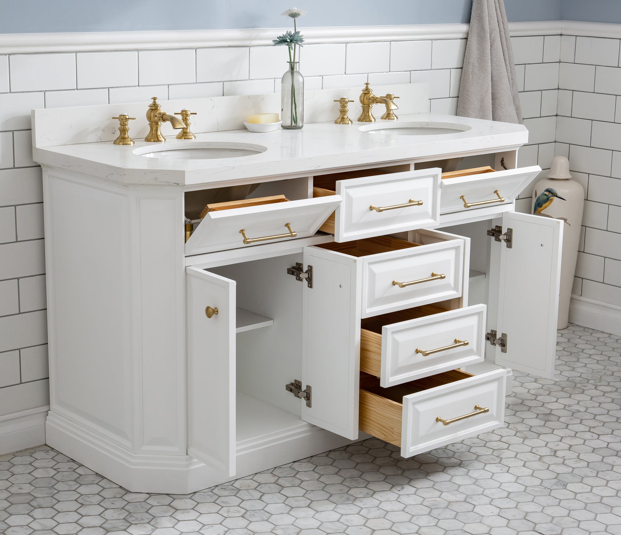 Kingston Luxe PA60QZ06PW - 60 in. x 22 in. Bathroom Vanity Quartz Top and White Basin, Pure White