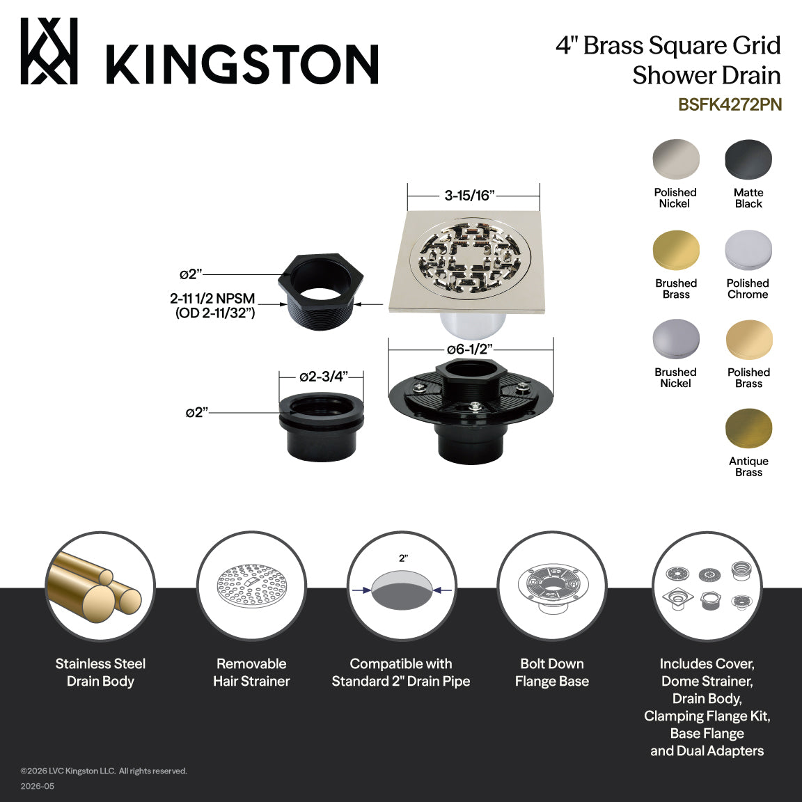 Kingston Watercourse BSFK4272BN 4-Inch Brass Square Grid Shower Drain with Hair Strainer and Base Flange, Brushed Nickel