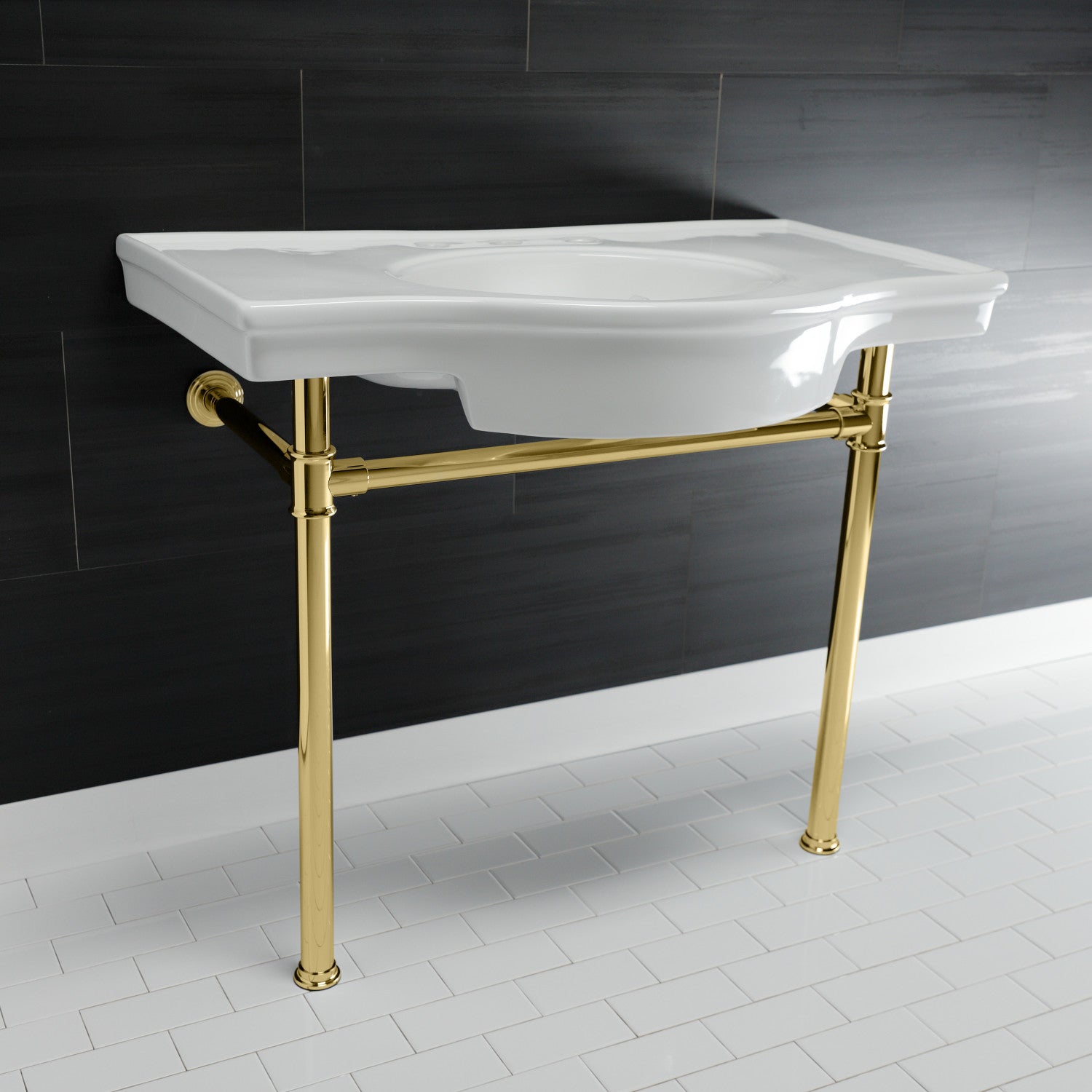 Kingston Tulare VPB1372ST - Templeton 37-Inch Ceramic Console Sink with Stainless Steel Legs (8-Inch, 3-Hole), White/Polished Brass