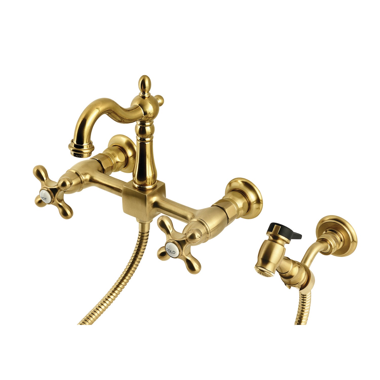 Kingston Heirloom KS2447AXBS - Robinet de cuisine à deux poignées Heritage 3 trous Wall Mount Bridge avec pulvérisateur en laiton, laiton brossé