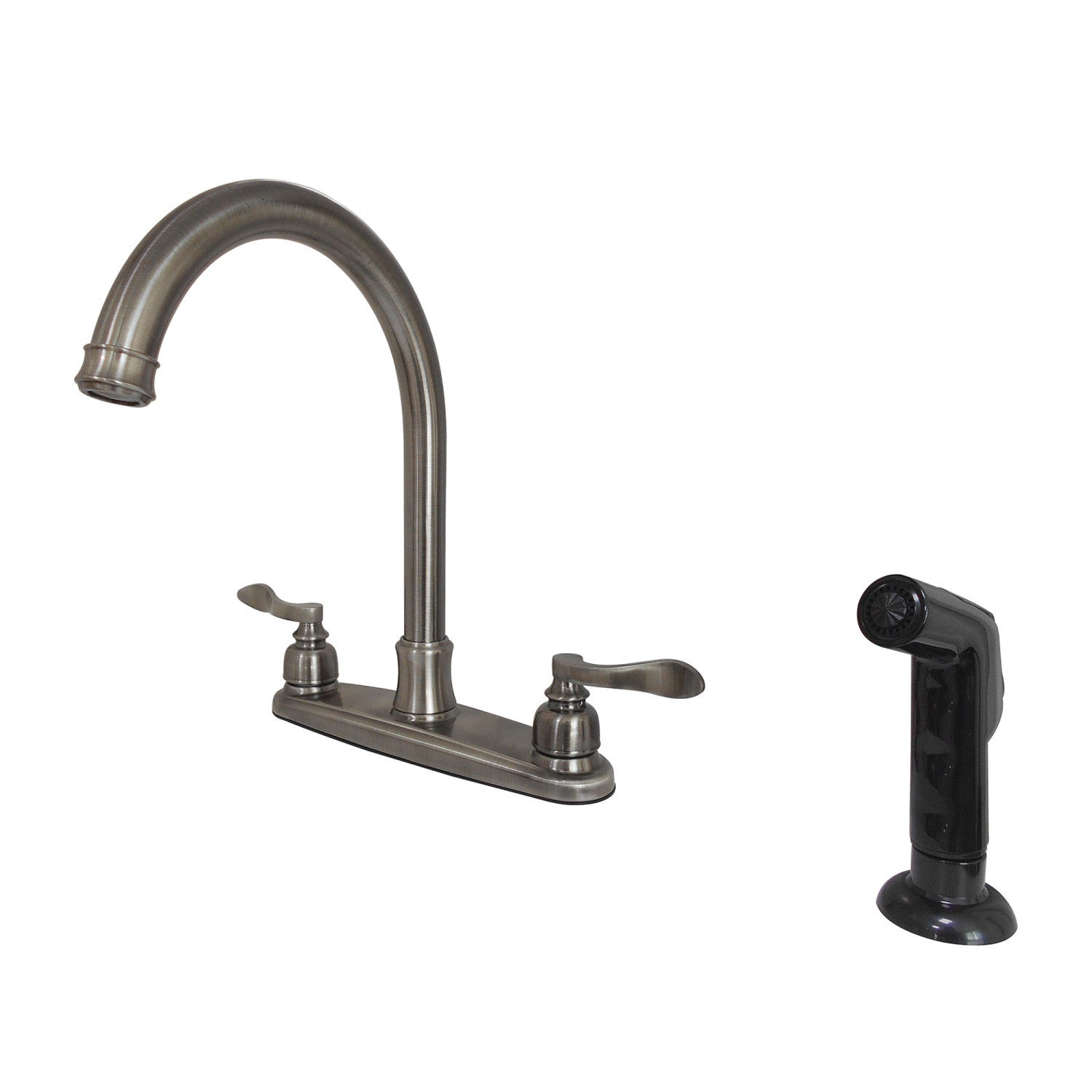 Kingston Tulare FB7794NFLSP - NuWave Robinet de cuisine à deux poignées français 4 trous 8" avec pulvérisateur latéral, noir inoxydable