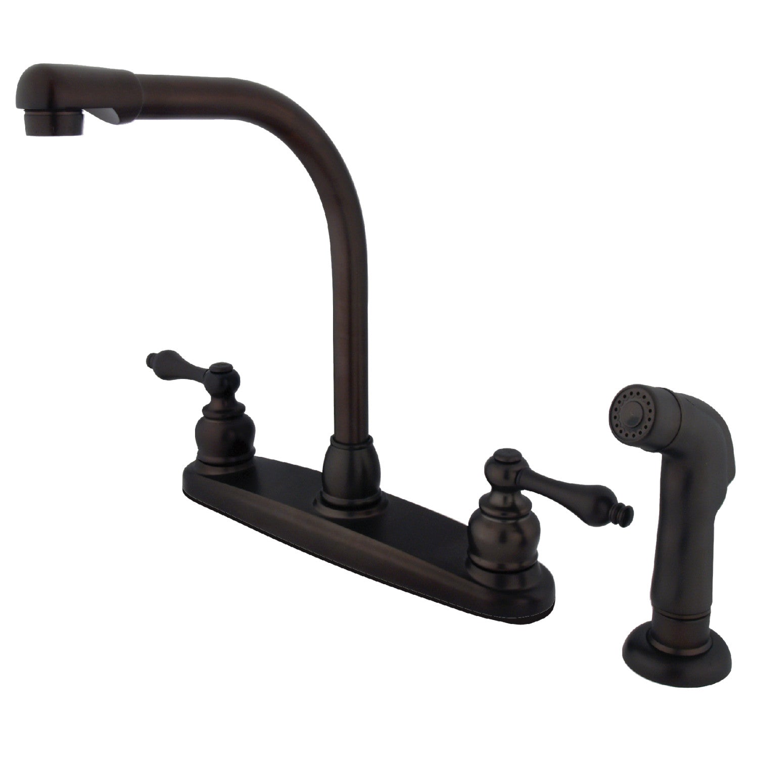 Kingston Tulare KB715ALSP - Victorian à deux poignées 4 trous 8" Centerset Robinet de cuisine avec pulvérisateur latéral, bronze frotté à l'huile