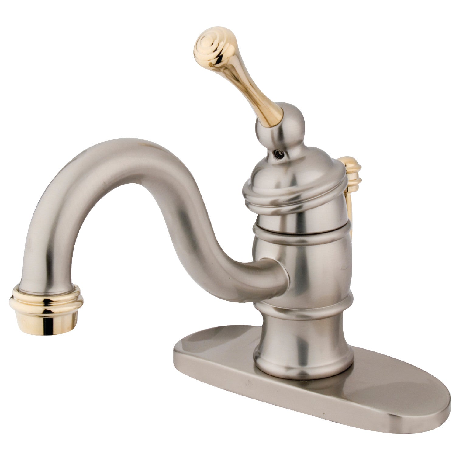 Kingston Heirloom KB3409BL - Robinet de salle de bain à une poignée victorienne 1 trou avec plaque de pont et drain à tirette, nickel brossé / laiton poli