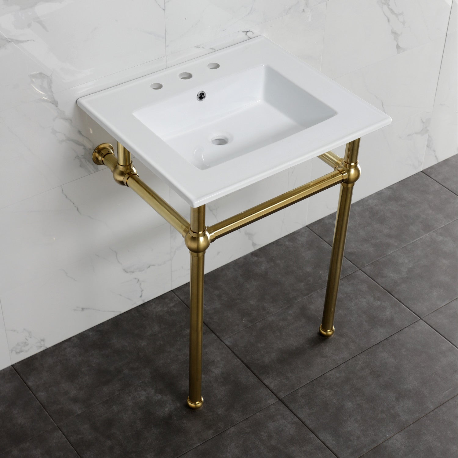 Kingston Heirloom KVBH25227W8B7 - Templeton 25-Inch Ceramic Console Sink with Brass Legs (8-Inch, 3-Hole), White/Brushed Brass