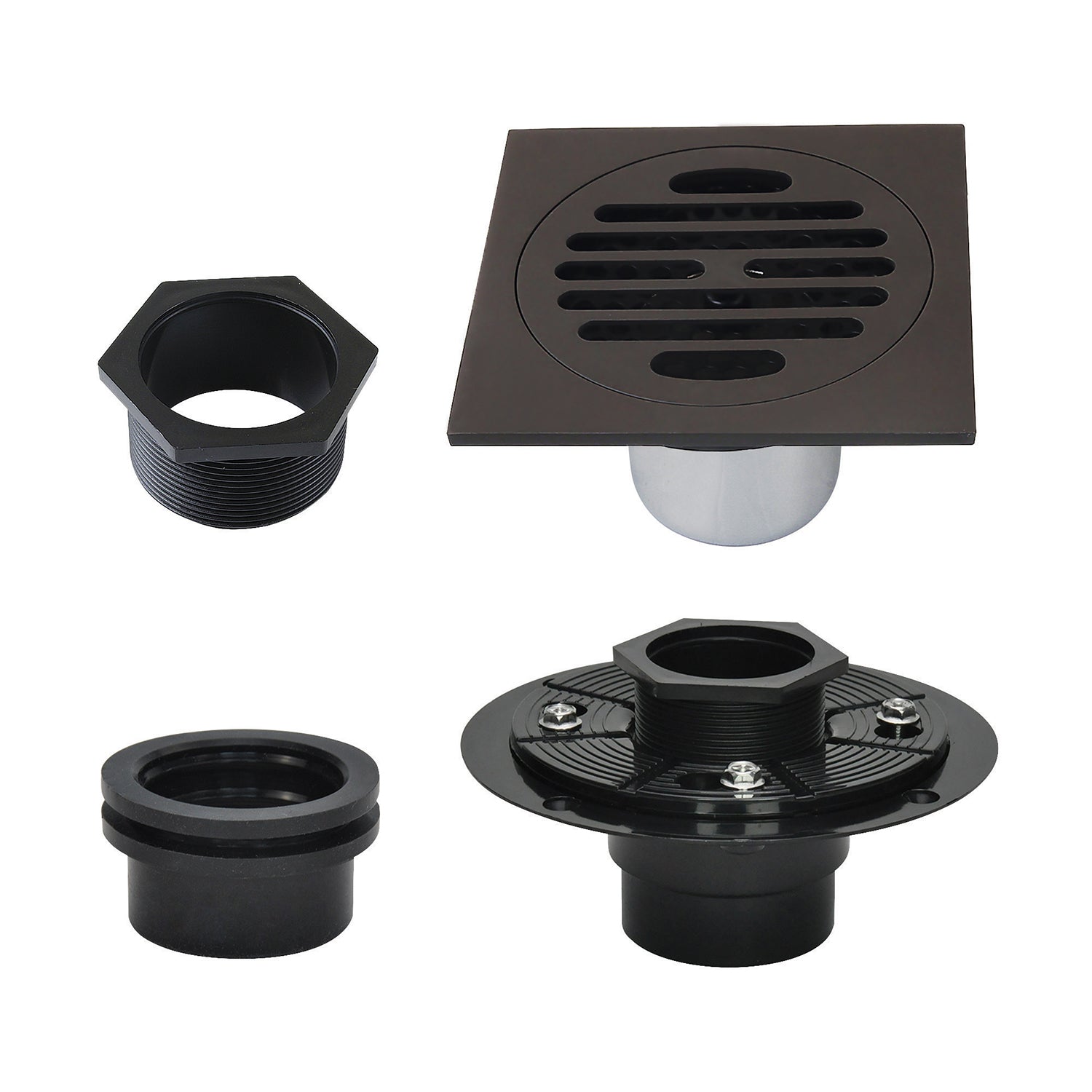 Kingston Watercourse BSFK4262ORB 4-Inch Brass Square Grid Shower Drain with Hair Strainer and Base Flange, Oil Rubbed Bronze