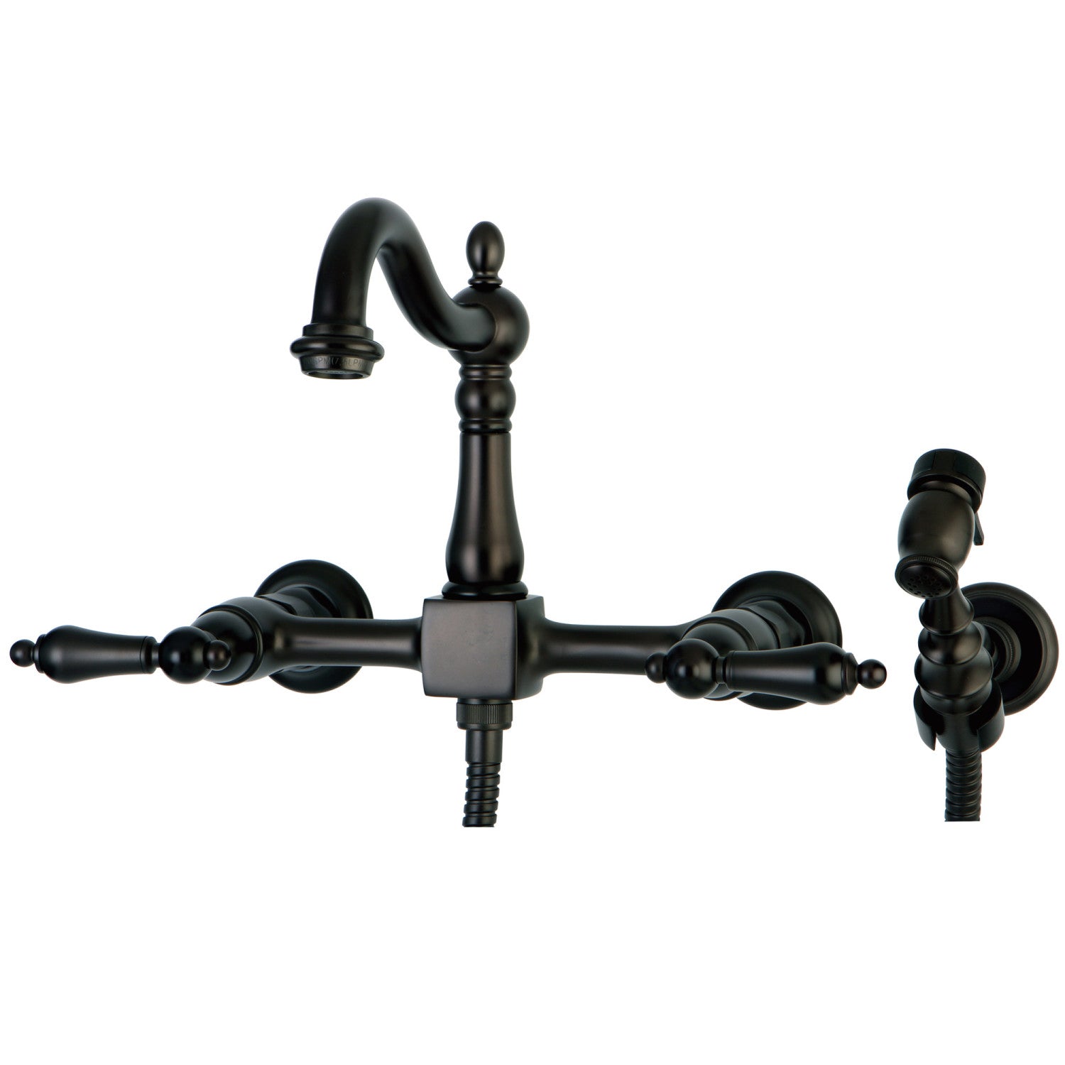 Kingston Heirloom KS1265ALBS - Robinet de cuisine à deux poignées Heritage 3 trous Wall Mount Bridge avec pulvérisateur en laiton, bronze à l'huile