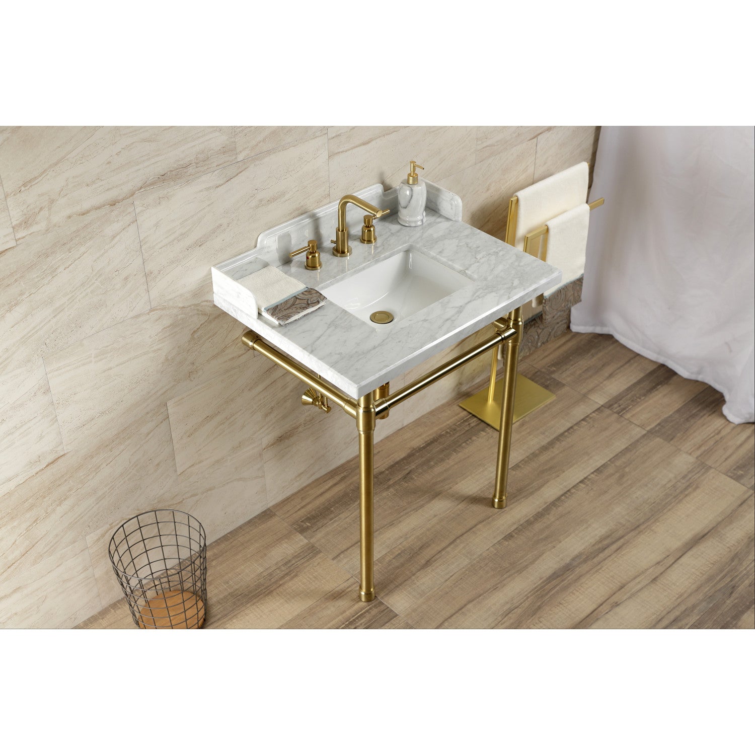 Kingston Tulare LMS30M8SQ7ST - Wesselman 30-Inch Carrara Console d'évier avec pieds en acier inoxydable (8-Inch, 3 trous), Carrara marbre blanc / laiton brossé