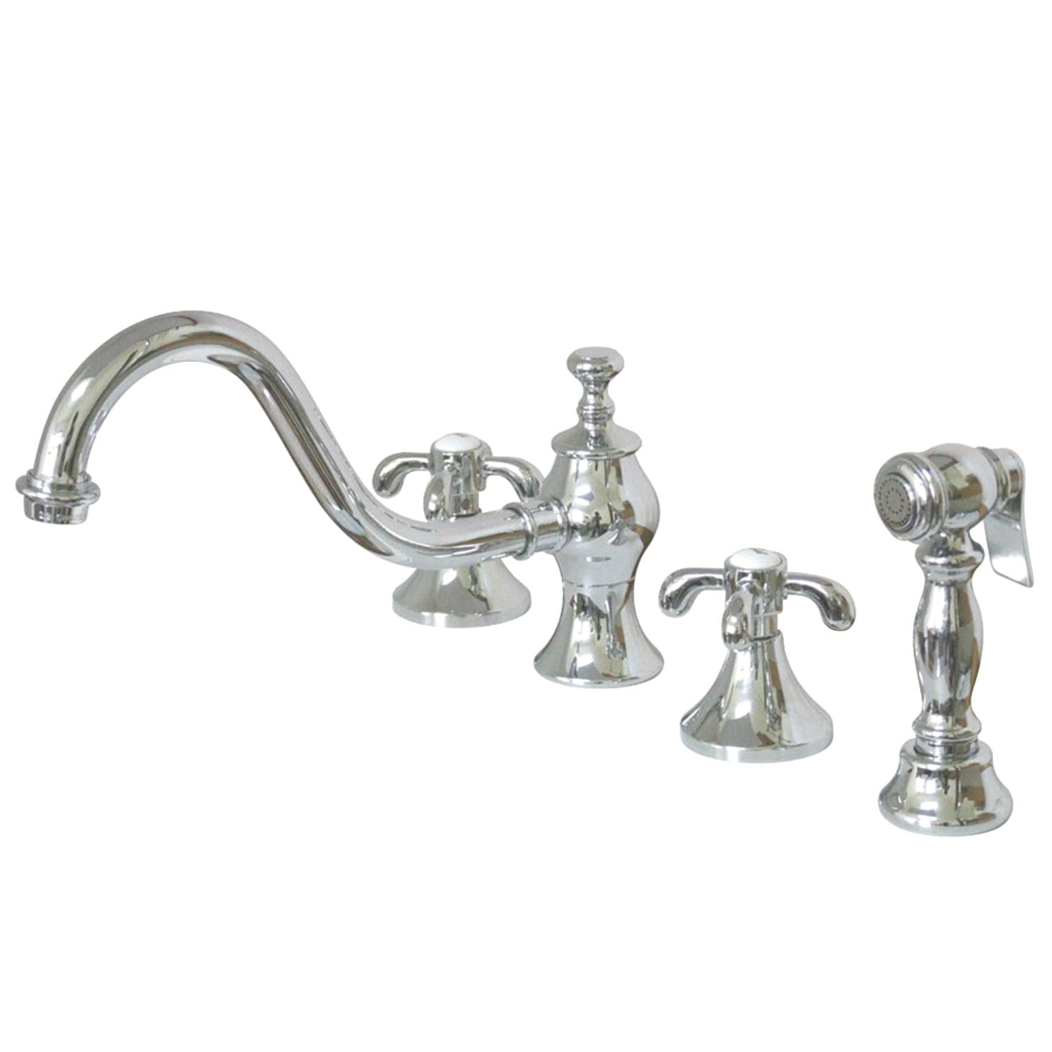 Kingston Heirloom KS7761TXBS - Robinet de cuisine à double poignée 4 trous avec pulvérisateur en laiton, chrome poli