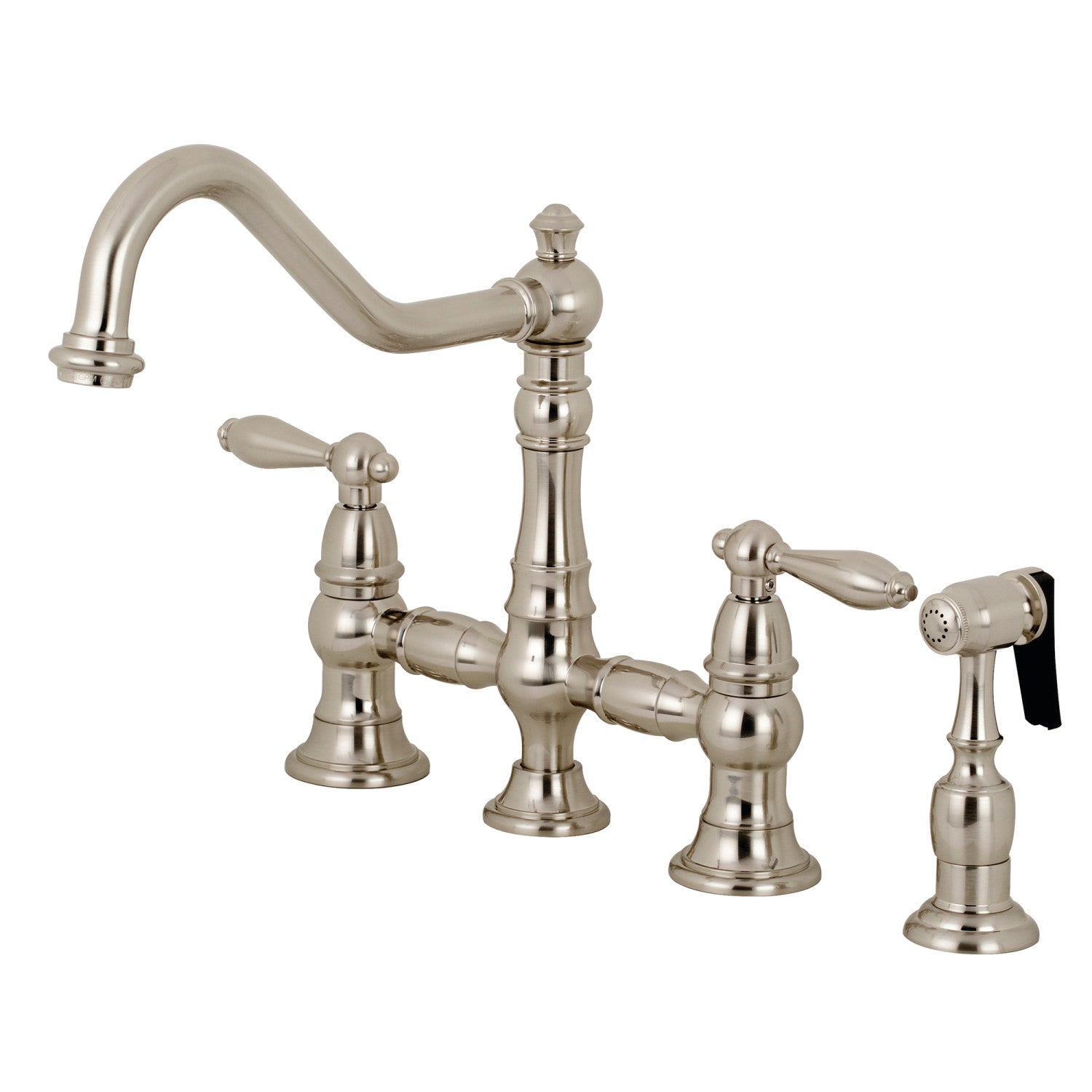 Kingston Heirloom KS3278ALBS - Robinet de cuisine à deux poignées de restauration 4 trous montage sur plage Bridge avec pulvérisateur en laiton, nickel brossé