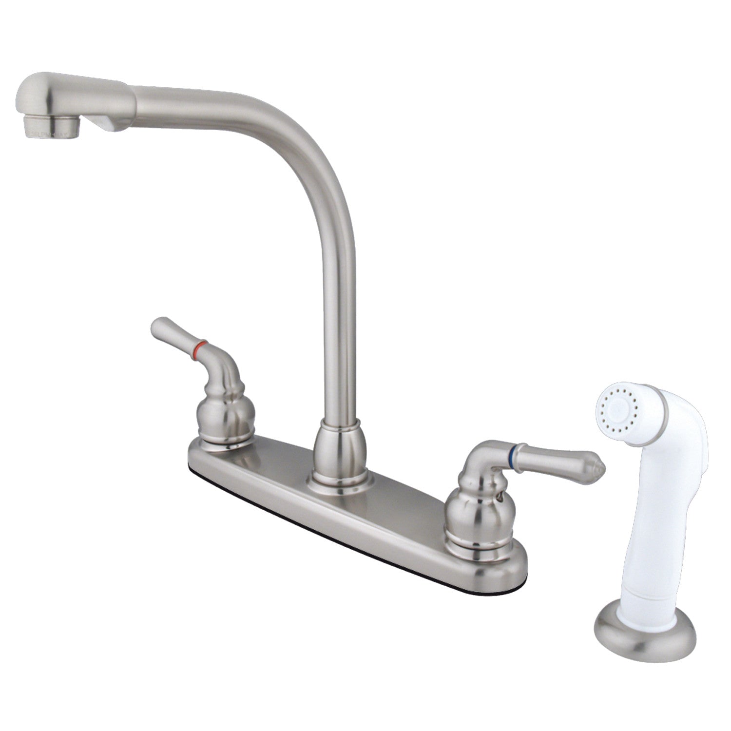 Kingston Tulare KB758 - Robinet de cuisine à deux poignées Magellan 4 trous 8" avec pulvérisateur latéral, nickel brossé