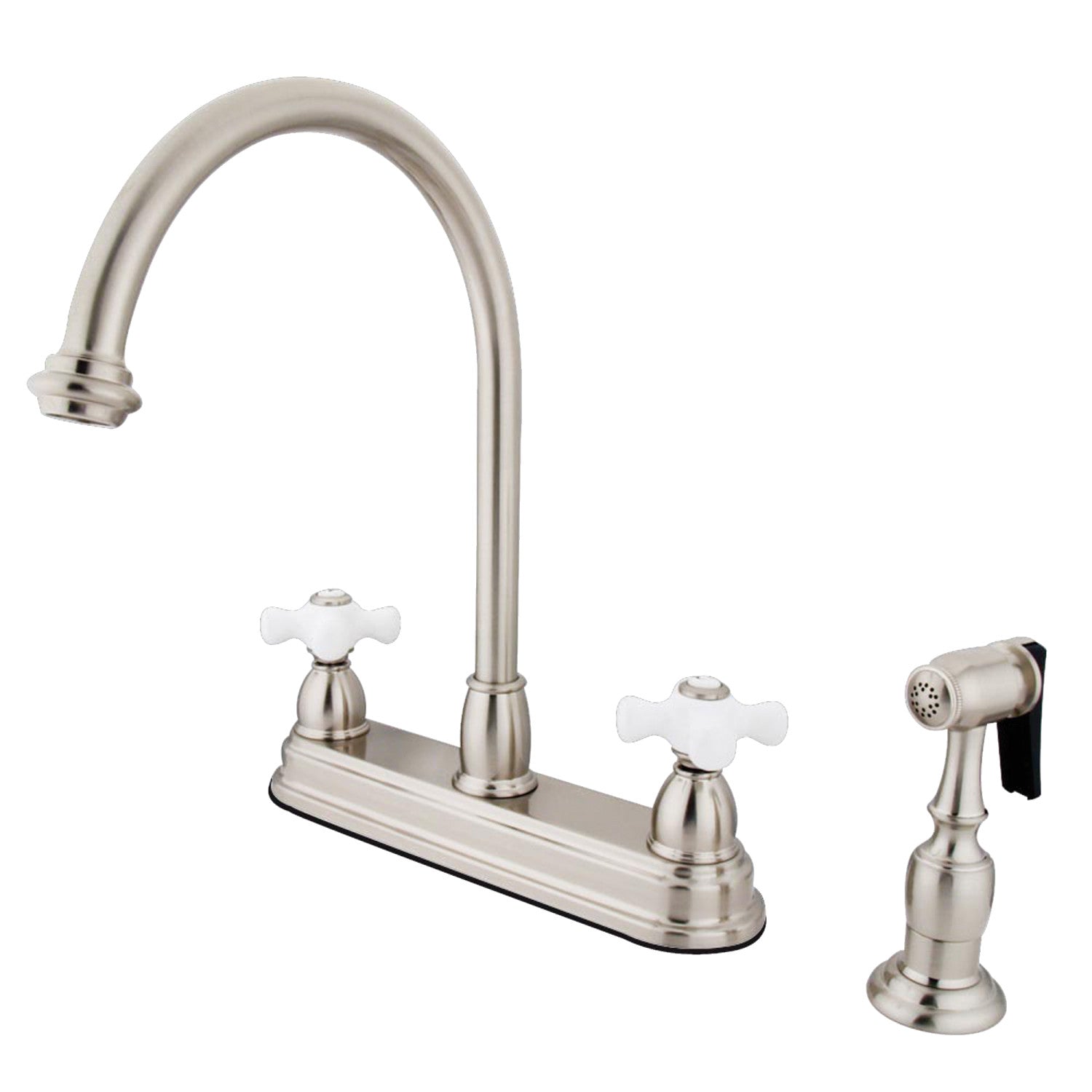 Kingston Heirloom KB3758PXBS - Robinet de cuisine central à deux poignées 4 trous 8" avec pulvérisateur en laiton, nickel brossé