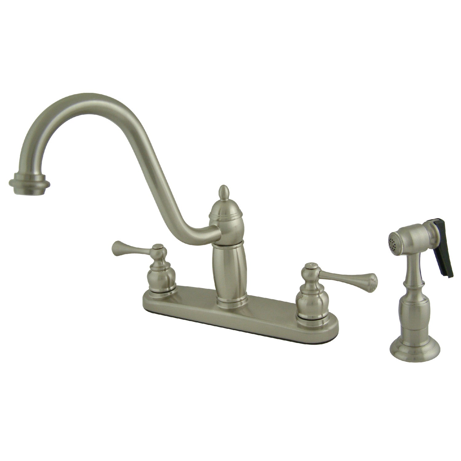 Kingston Heirloom KB1118BLBS - Robinet de cuisine central à deux poignées Heritage 4 trous 8" avec pulvérisateur latéral, nickel brossé