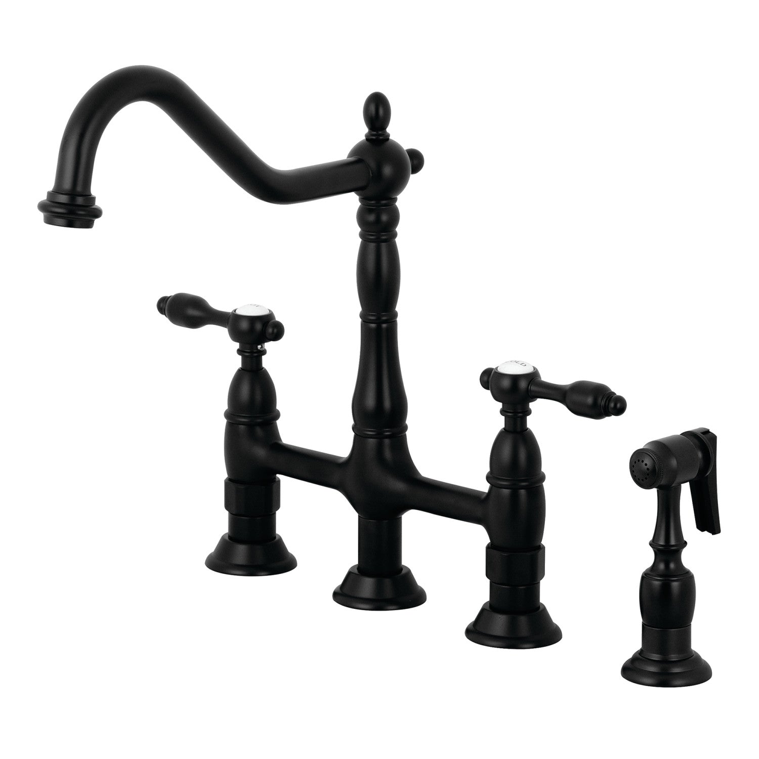 Kingston Heirloom KS1270TALBS - Robinet de cuisine à deux poignées Tudor 4 trous Mount Bridge avec pulvérisateur en laiton, noir mat