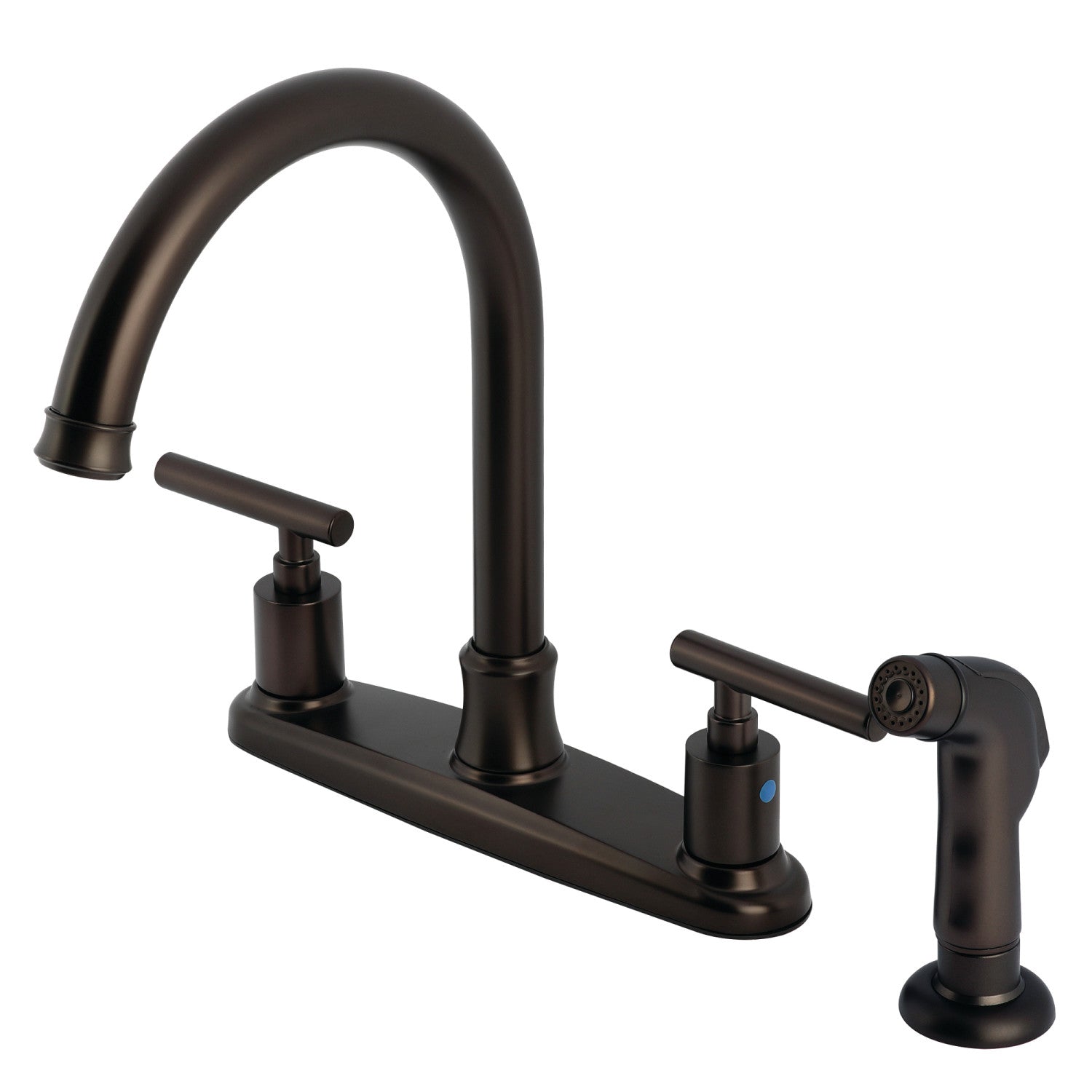 Kingston Tulare FB7795CMLSP - Robinet de cuisine à deux poignées Manhattan 4 trous 8" avec pulvérisateur latéral, bronze frotté à l'huile