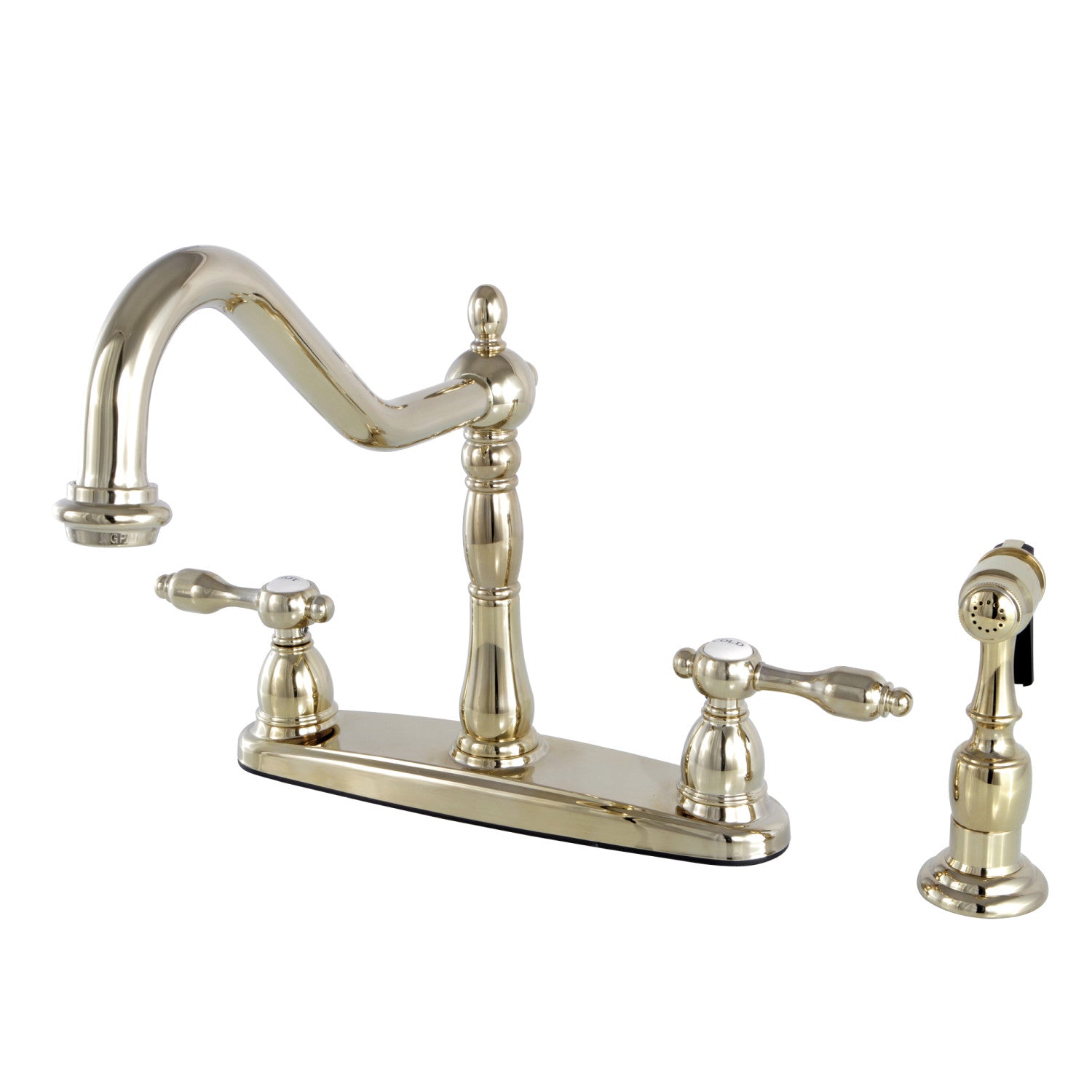 Kingston Heirloom KB1752TALBS - Robinet de cuisine central deux poignées Tudor 4 trous 8" avec pulvérisateur en laiton poli