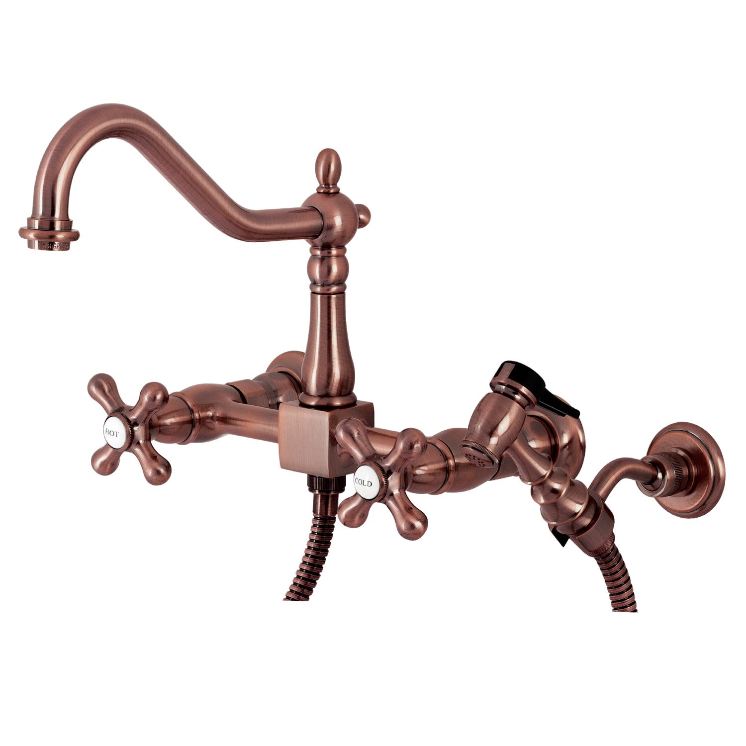 Kingston Heirloom KS124AXBSAC - Robinet de cuisine à double poignée Heritage 3 trous Wall Mount Bridge avec pulvérisateur en laiton, cuivre antique