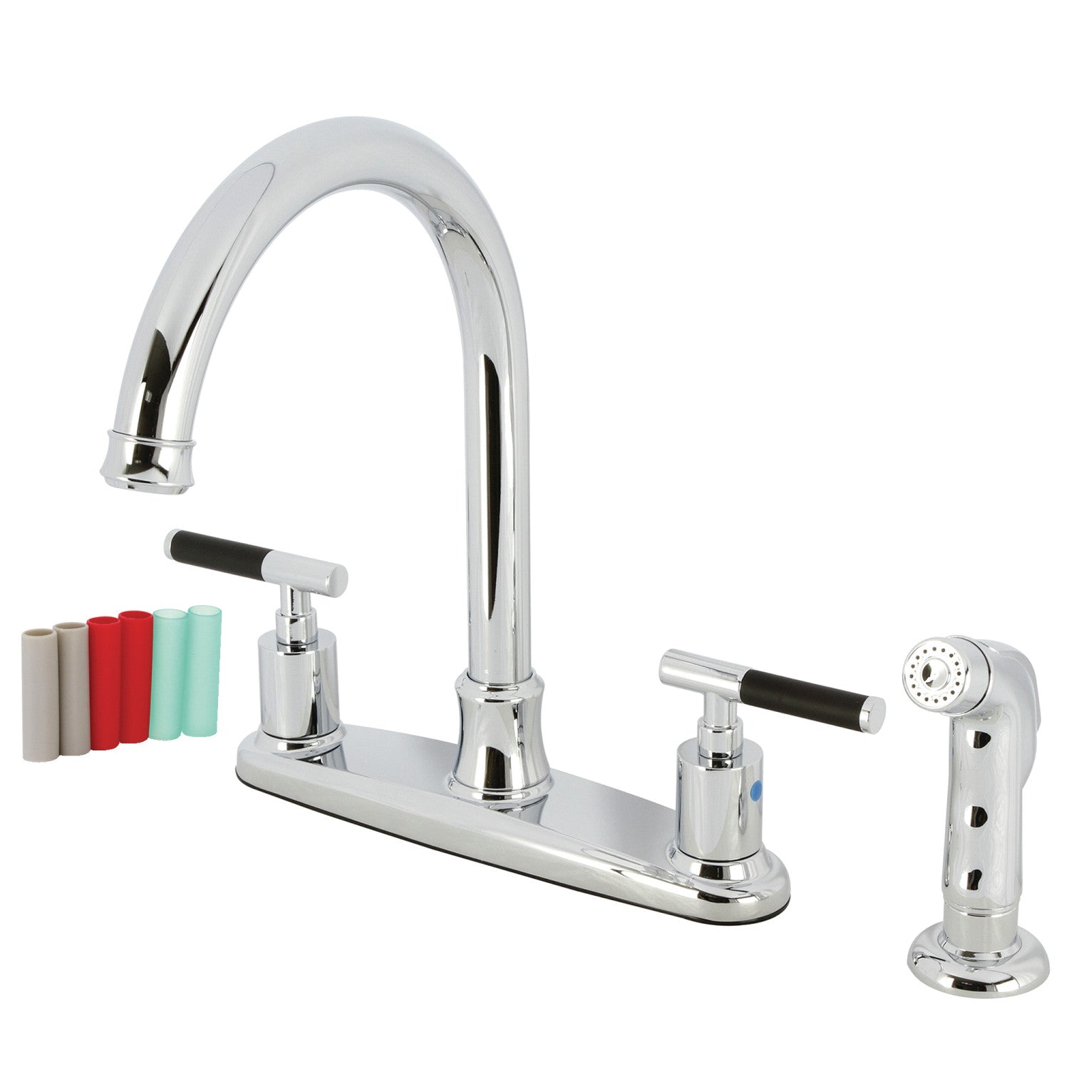 Kingston Tulare FB7791CKLSP - Robinet de cuisine central à deux poignées Kaiser 4 trous 8" avec pulvérisateur latéral, chrome poli