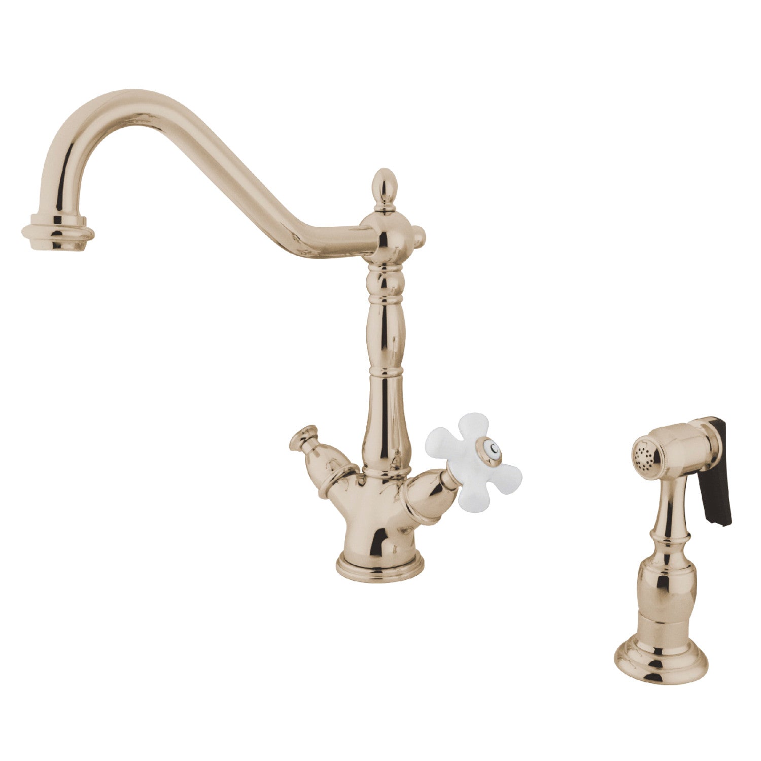 Kingston Heirloom KS1236PXBS - Robinet de cuisine à deux poignées Heritage 2-or-4 avec pulvérisateur en laiton, nickel poli
