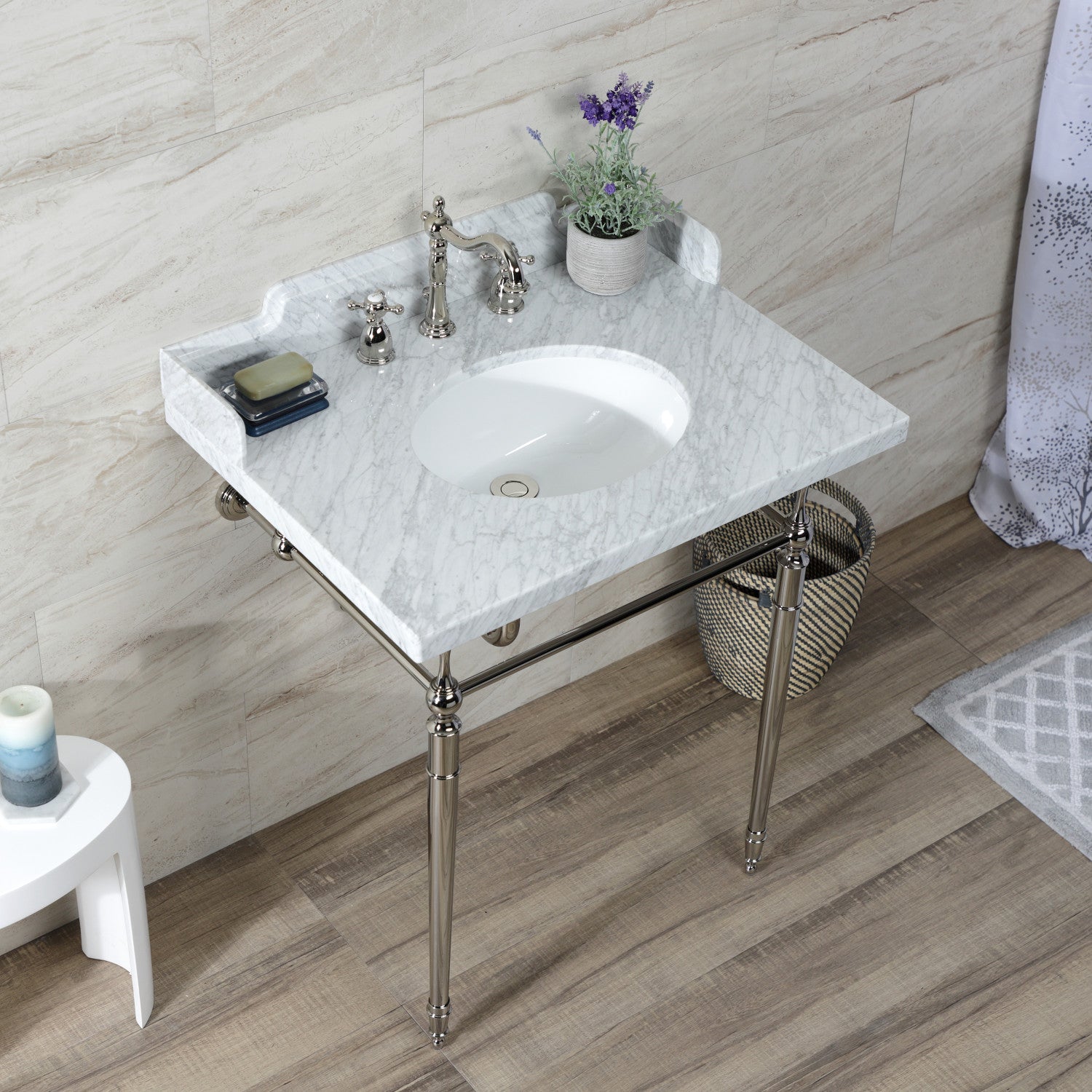 Kingston Heirloom LMS3022M86 - Habsburg 30-Inch Carrara Marble Console Sink with Brass Legs (8-Inch, 3-Hole), Carrara Marble White/Polished Nickel