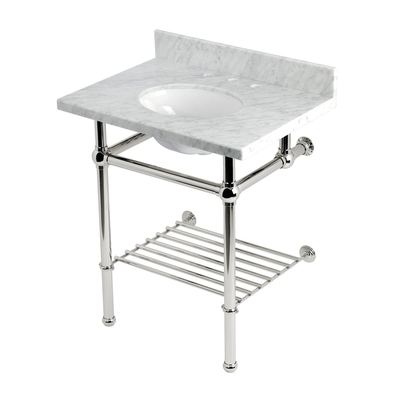 Kingston Heirloom KVPB30MBB6 - Templeton 30-Inch Carrara Marble Console Sink with Brass Legs and Shelf (8-Inch, 3-Hole), Carrara Marble White/Polished Nickel