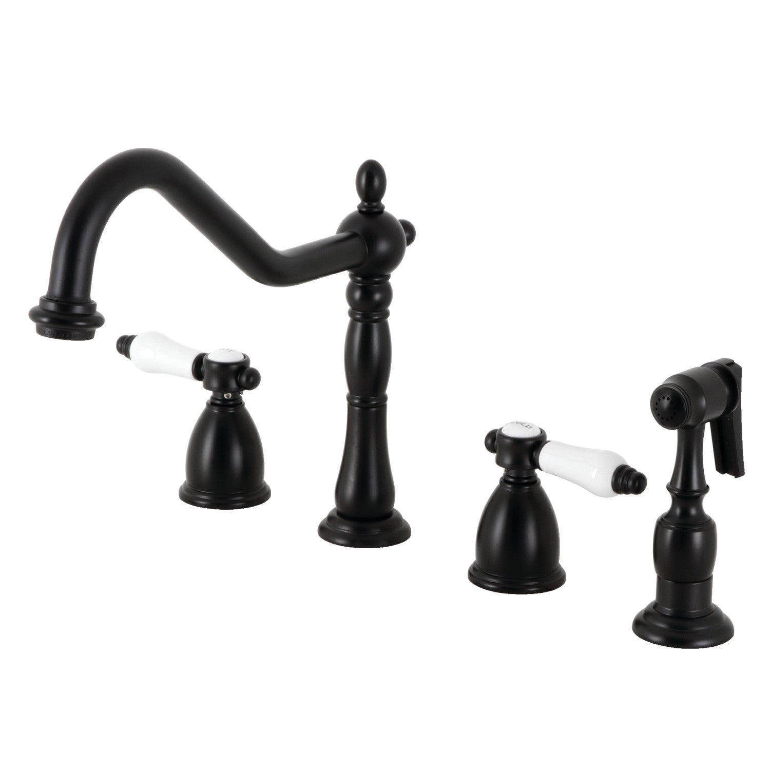 Kingston Heirloom KB1790BPLBS - Robinet de cuisine à double poignée Bel-Air avec pulvérisateur en laiton, noir mat