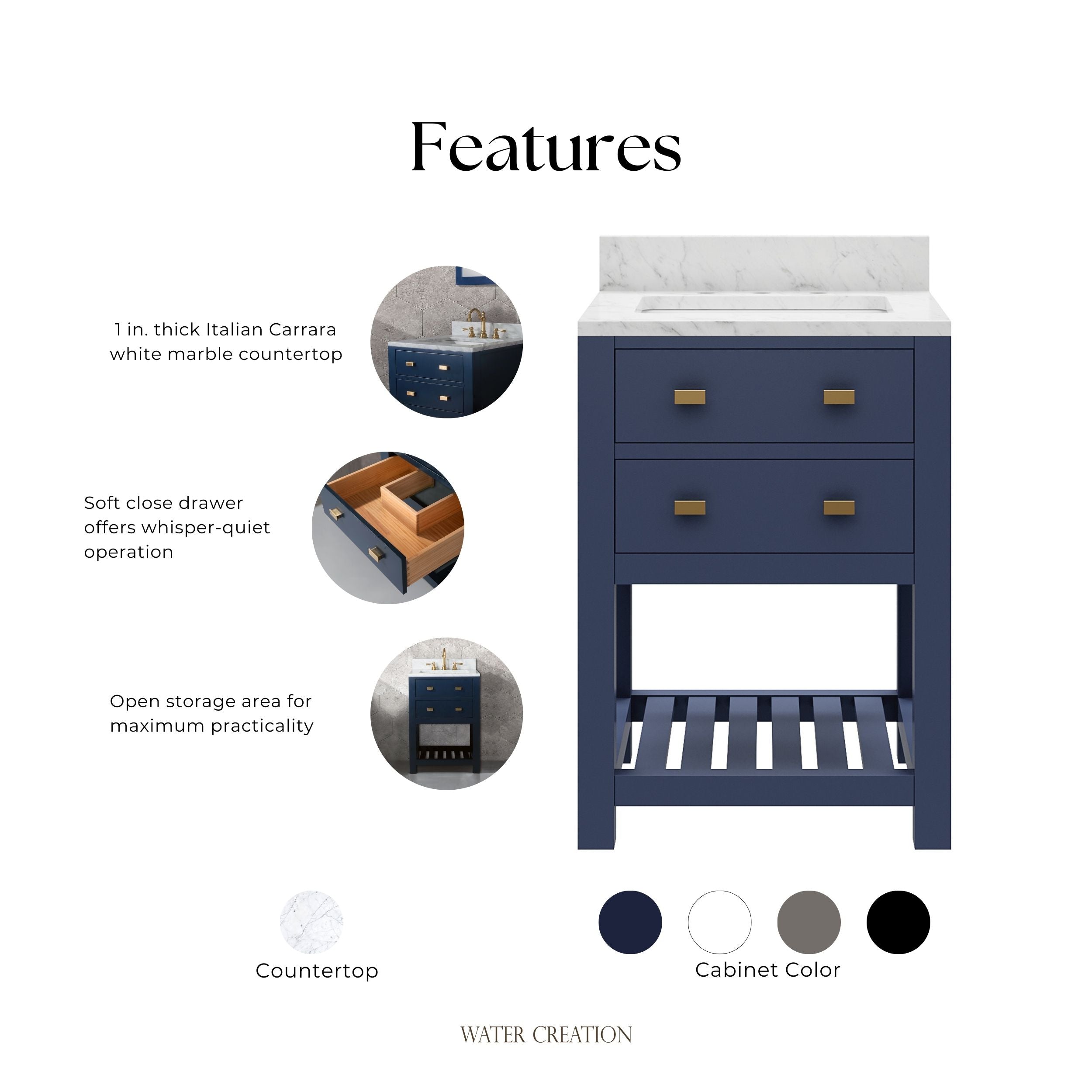 Kingston Luxe MA24CW06MB - 24 in. x 21.5 in. Bathroom Vanity Carrara White Marble Top and White Basin, Monarch Blue