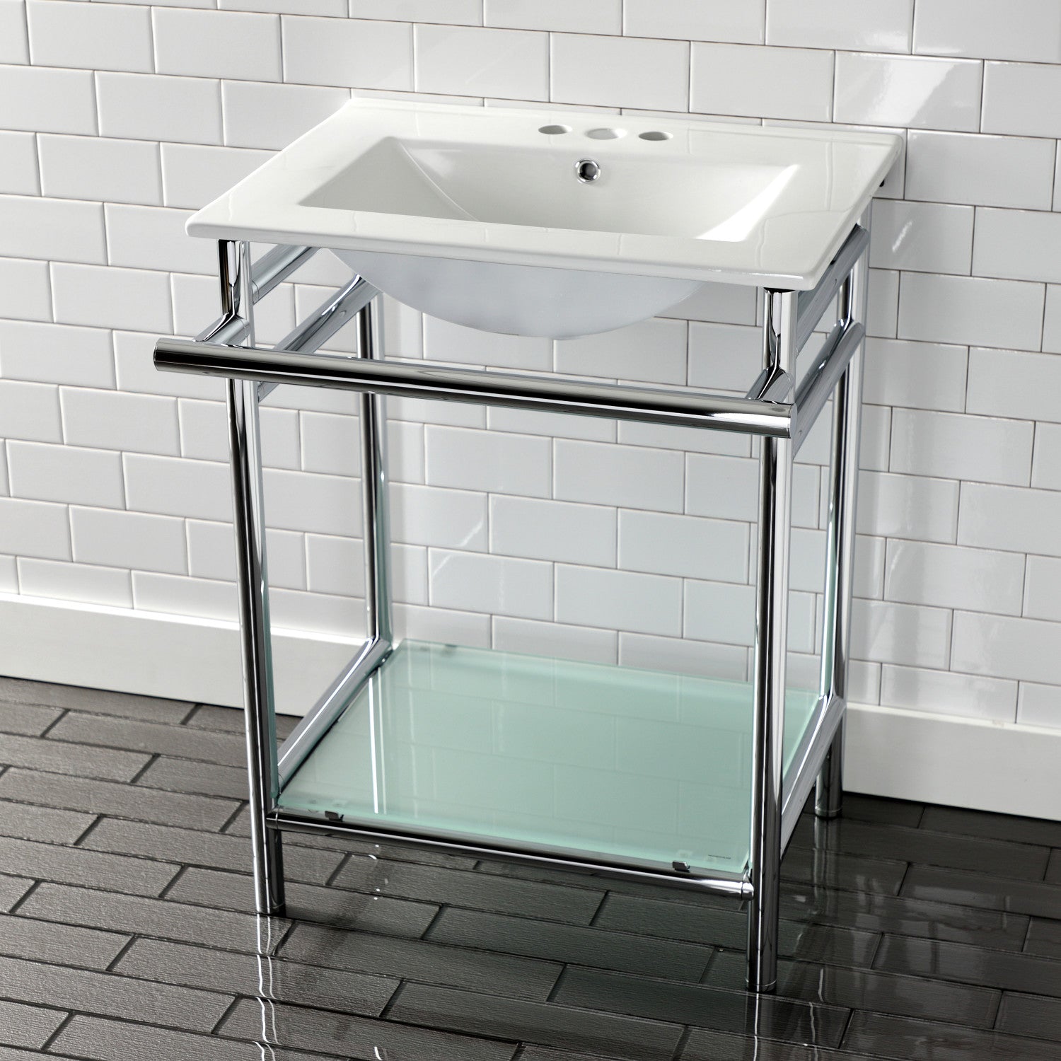 Kingston Sona VPB24187W41 - Sheridan 24-Inch Ceramic Console Sink with Stainless Steel Legs and Glass Shelf (4-Inch, 3-Hole), White/Polished Chrome