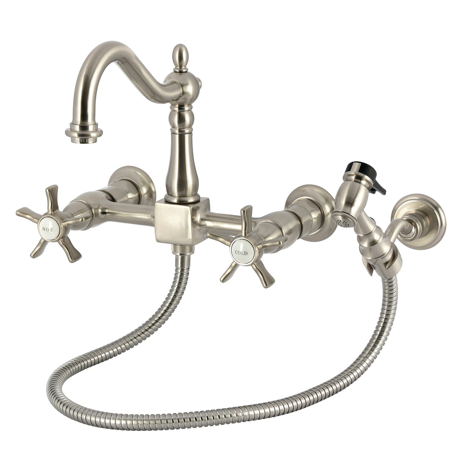Kingston Heirloom KS1268NXBS - Robinet de cuisine à deux poignées 3 trous Wall Mount Bridge avec pulvérisateur en laiton, nickel brossé