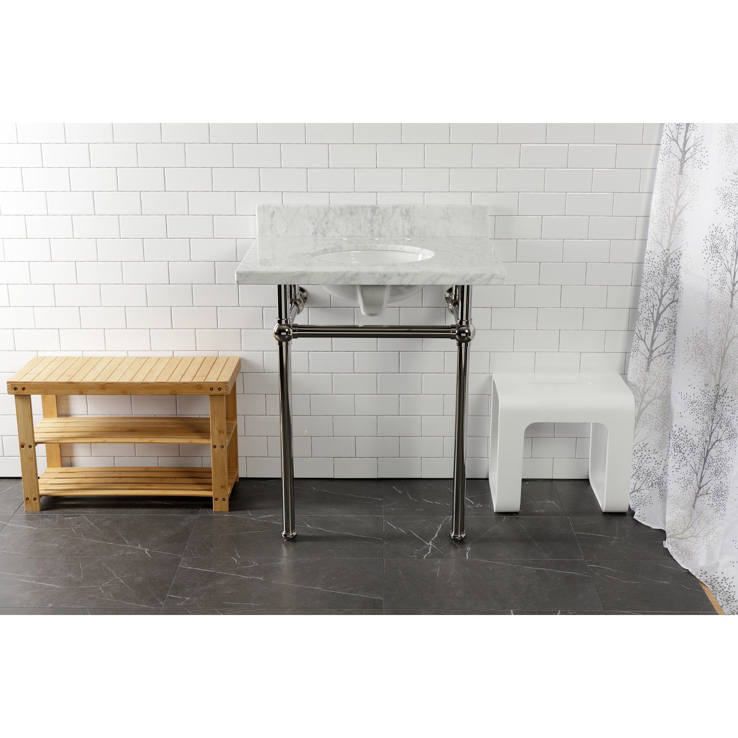 Kingston Heirloom KVPB30MB6 - Templeton 30-Inch Carrara Marble Vanity Top with Brass Legs (8-Inch, 3-Hole), Carrara Marble White/Polished Nickel
