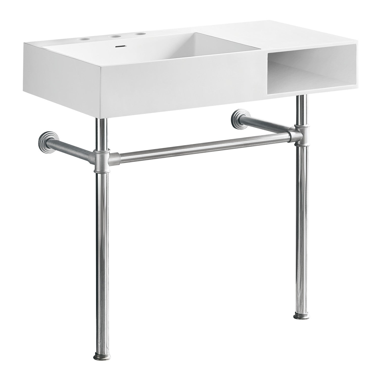 Kingston Sona KVPB3368SQA81 - Aurelius 36-Inch Solid Surface Console Sink with Stainless Steel Legs (8-Inch, 3-Hole), Matte White/Polished Chrome