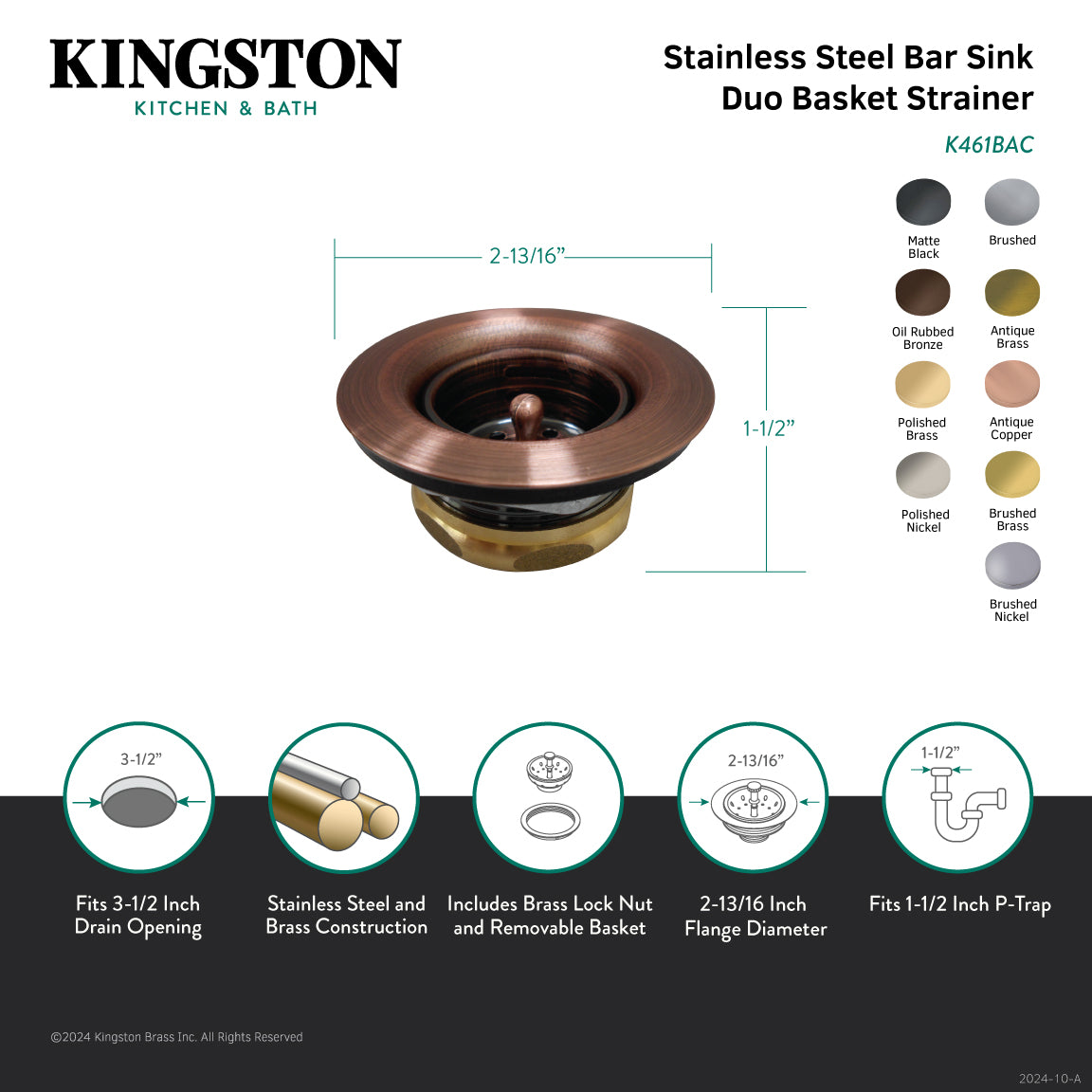 Kingston Tacoma K461BAC Stainless Steel Bar Sink Basket Strainer with Brass Nut, Antique Copper
