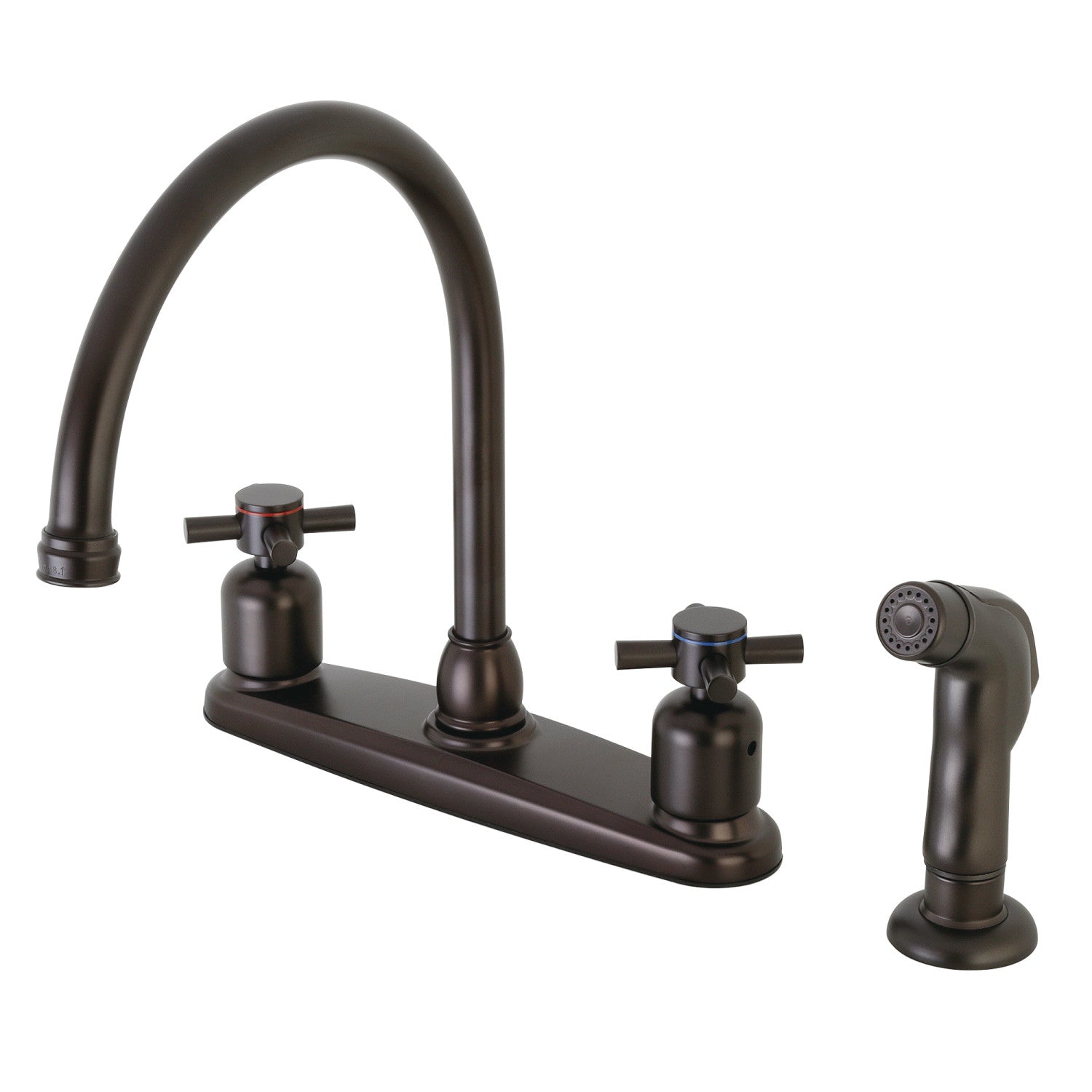 Kingston Tulare FB795DXSP - Robinet de cuisine central à deux poignées Concord 4 trous 8" avec pulvérisateur latéral, bronze frotté à l'huile