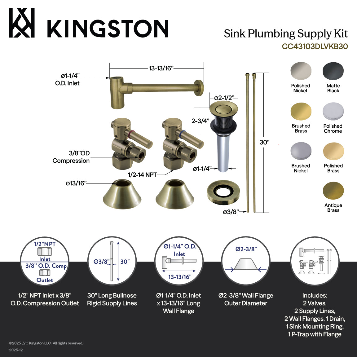 Kingston Sona CC43107DLVKB30 - Trimscape Modern Plumbing Sink Trim Kit with Bottle Trap and Drain, Brushed Brass